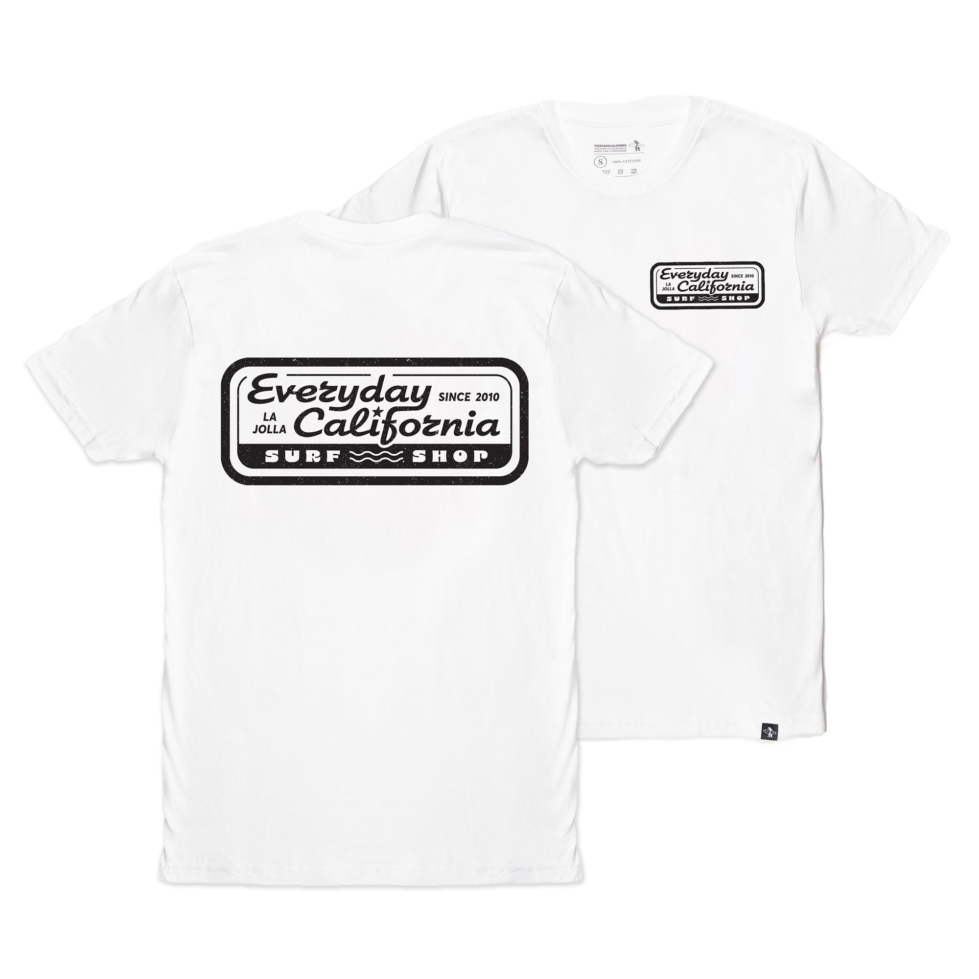 Front and back view of Everyday California white surf shop logo t-shirt