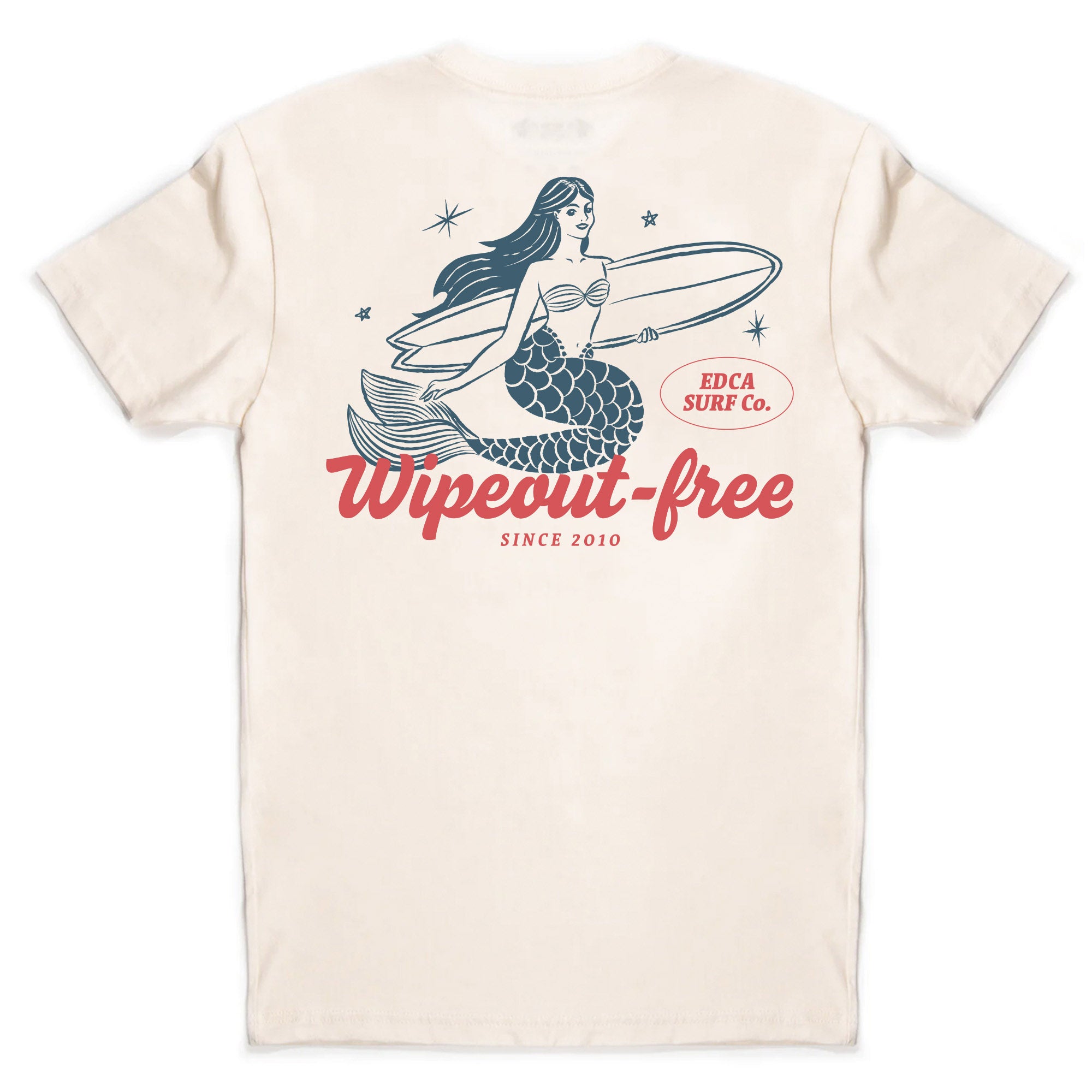 Backside wipeout tee. Mermaid with a surfboard and "Wipeout Tee" Written in classic 50's style cursive.