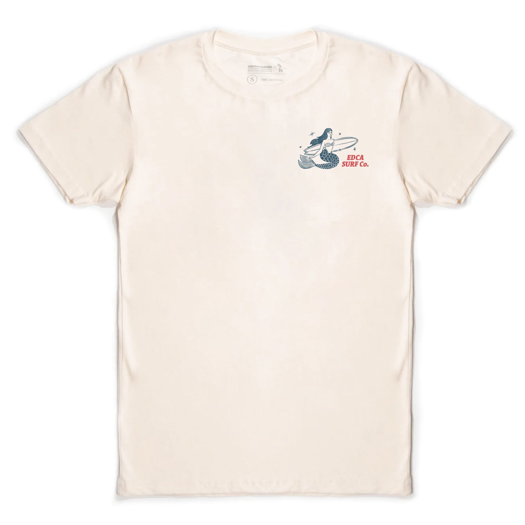 Wipeout tee frontside. Mermaid logo visible top right, withe "EDCA Surf Co." on the side.