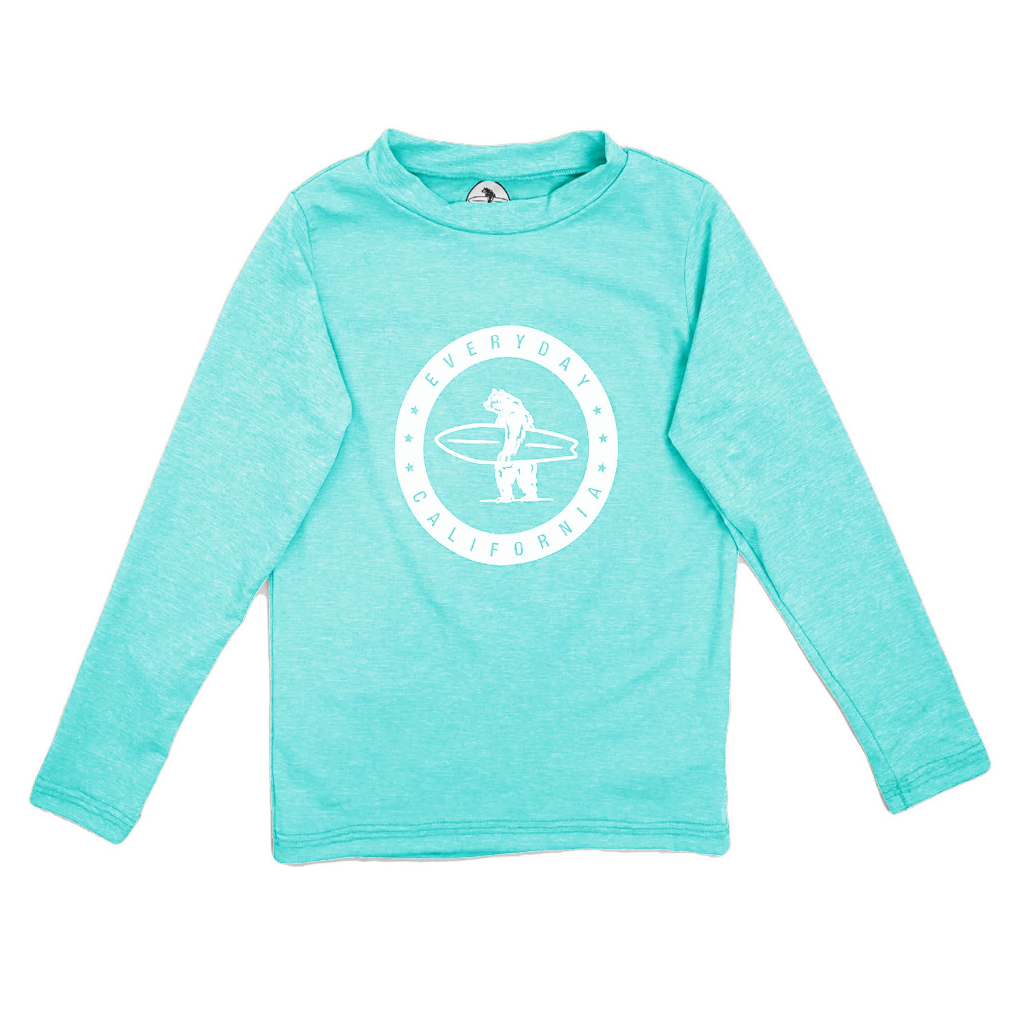Flat lay image of a kids mint green rashguard featuring a front chest logo of a bear holding a surfboard printed with white ink.