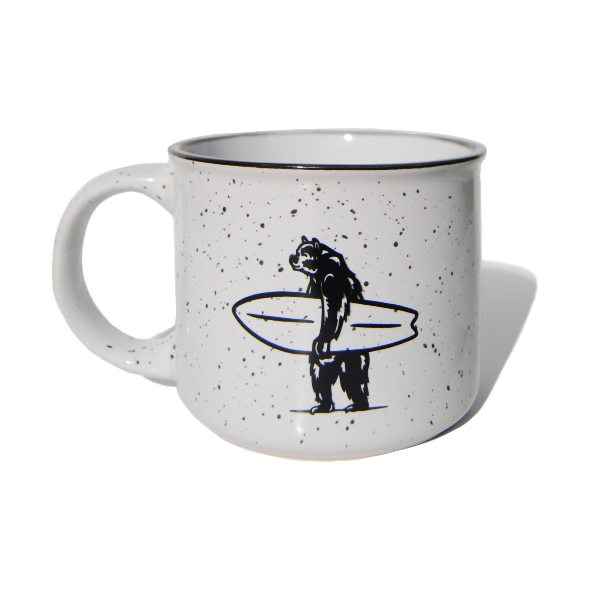 Everyday California Campfire Mug - High-quality ceramic, speckled off-white mug with Everyday California Camping Logo on one side and Brutus the Bear on the other side.