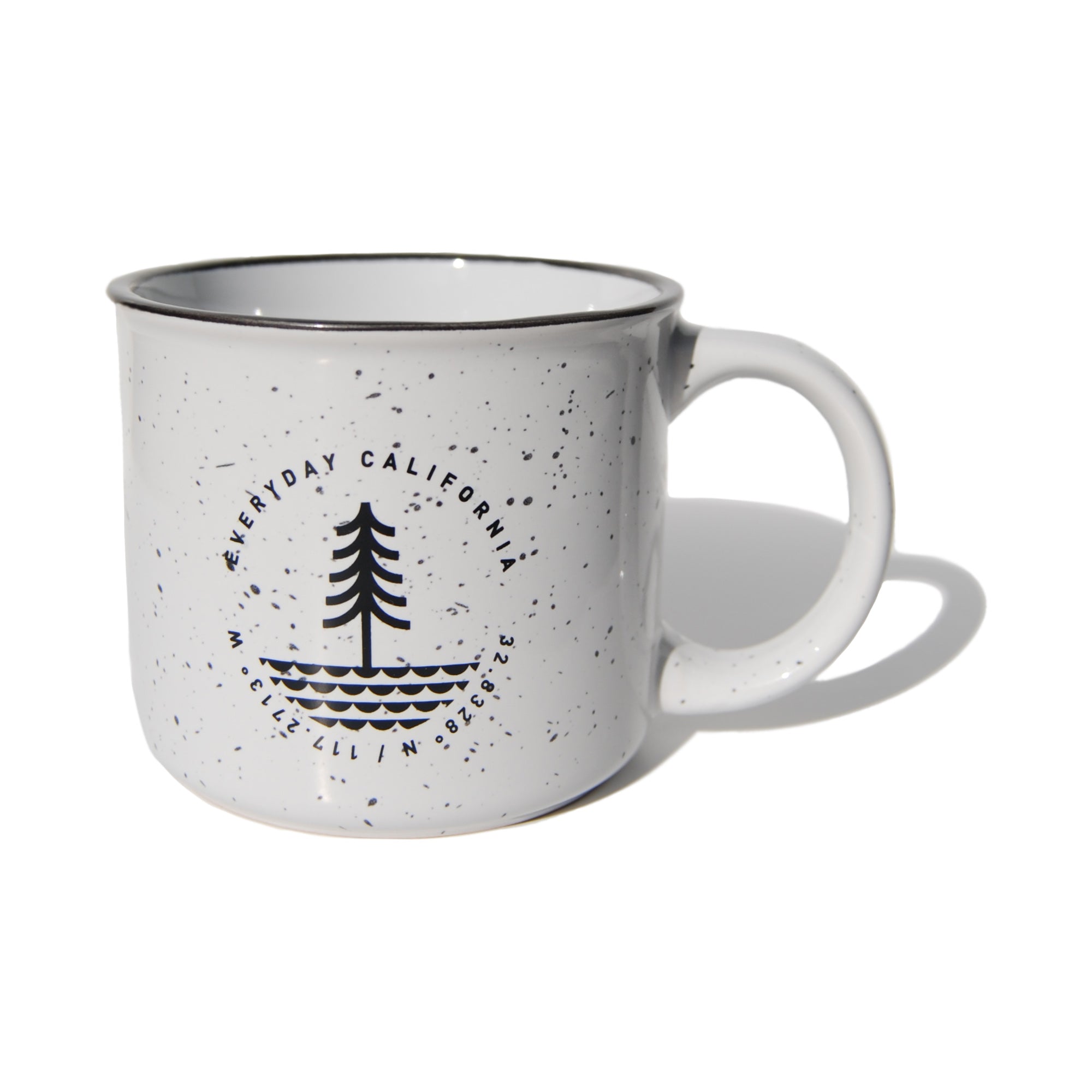 Everyday California Campfire Mug -  High-quality ceramic, speckled off-white mug with Everyday California Camping Logo on one side and Brutus the Bear on the other side. 