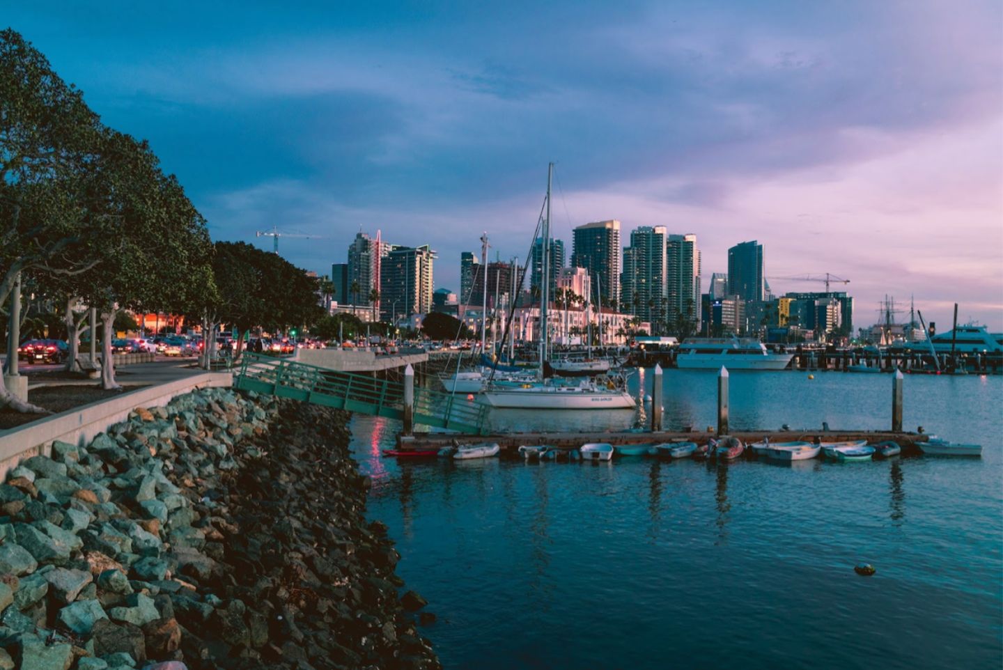 San Diego Bay at sunset time with a view of Downtown San Diego. Sunset in the San Diego Waterfront. 