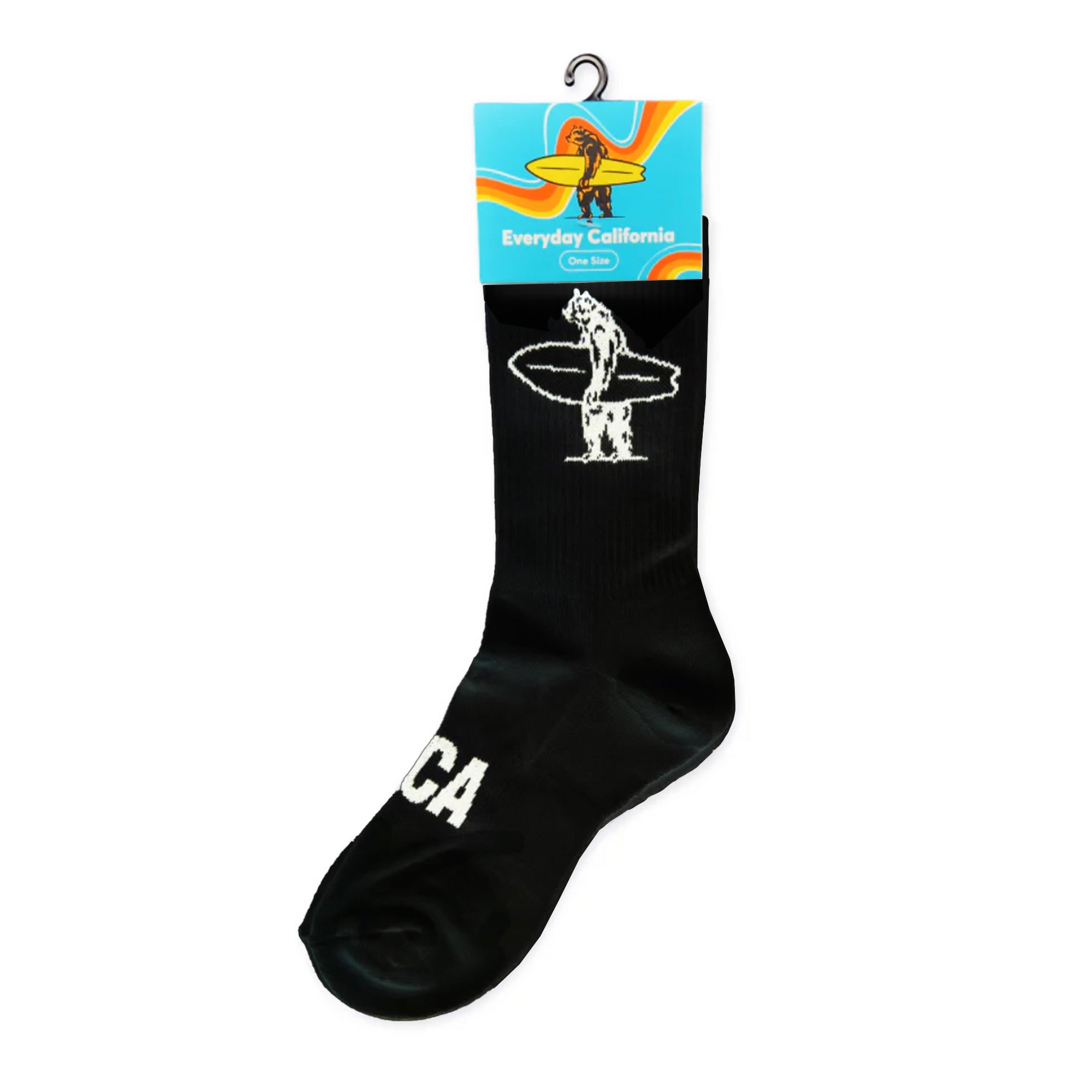 Black athletic socks with white logos on them that say "EDCA" across the top of the foot and a bear holding a surfboard on the inner and outer calf of the sock.