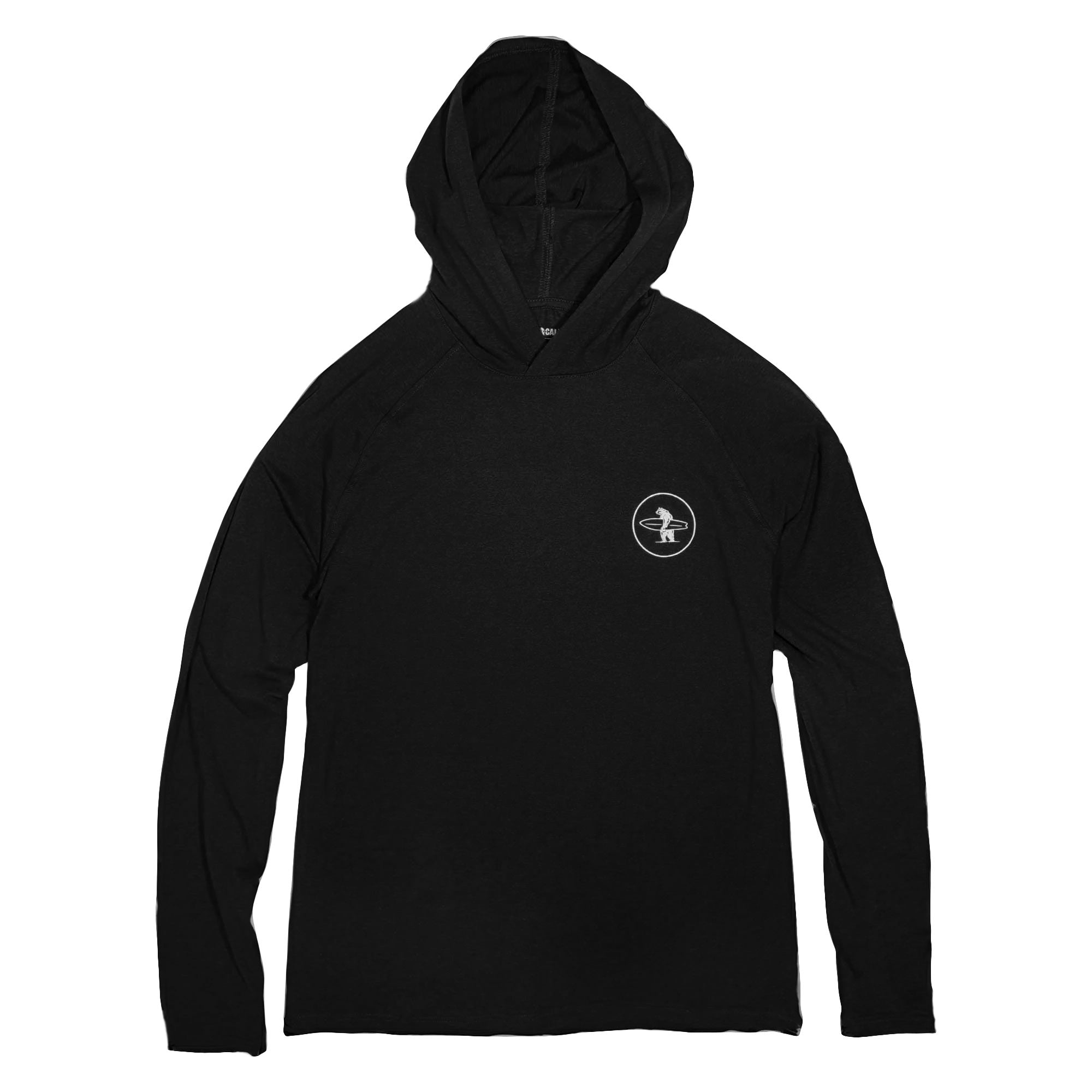A black UPF50+ sun protective hoodie with a hood, long sleeves, and a graphic logo on the chest.