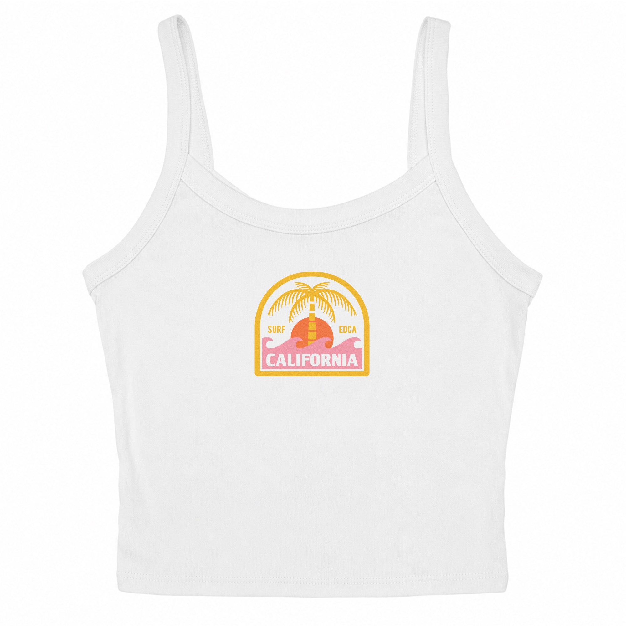 White micro rib women's tank top with a printed graphic in the center chest of a yellow palm tree with a red sun setting behind it, and pink waves in the foreground with the word "CALIFORNIA" in white letters printed across them.