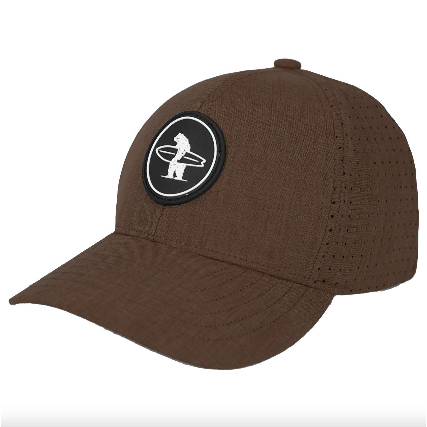 Brown colored performance snapback hat featuring a circular black rubber logo with a white bear holding a surfboard on the front of it.