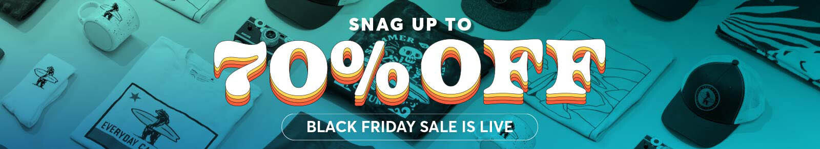 Promotional banner for a 70% off Black Friday sale with computer keyboards in the background.