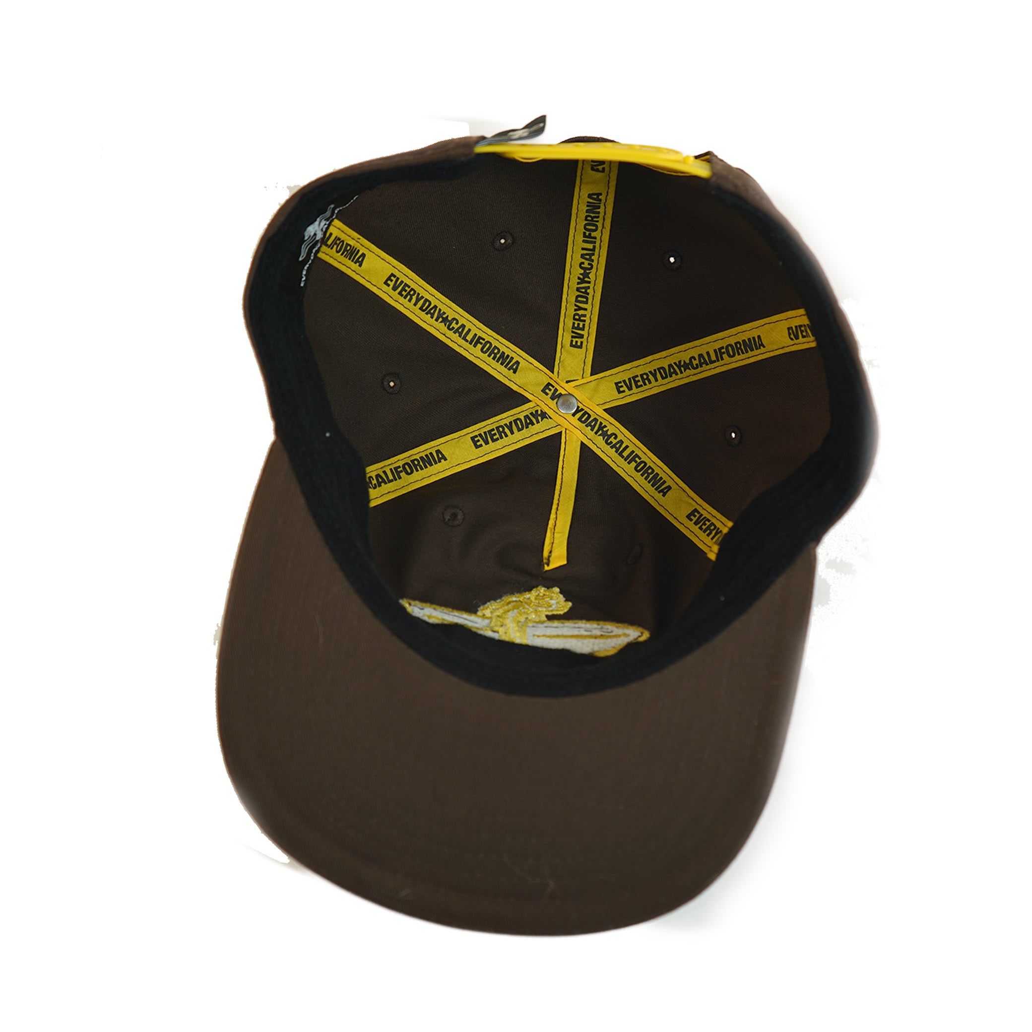 Brown cap with yellow text and design on a white background