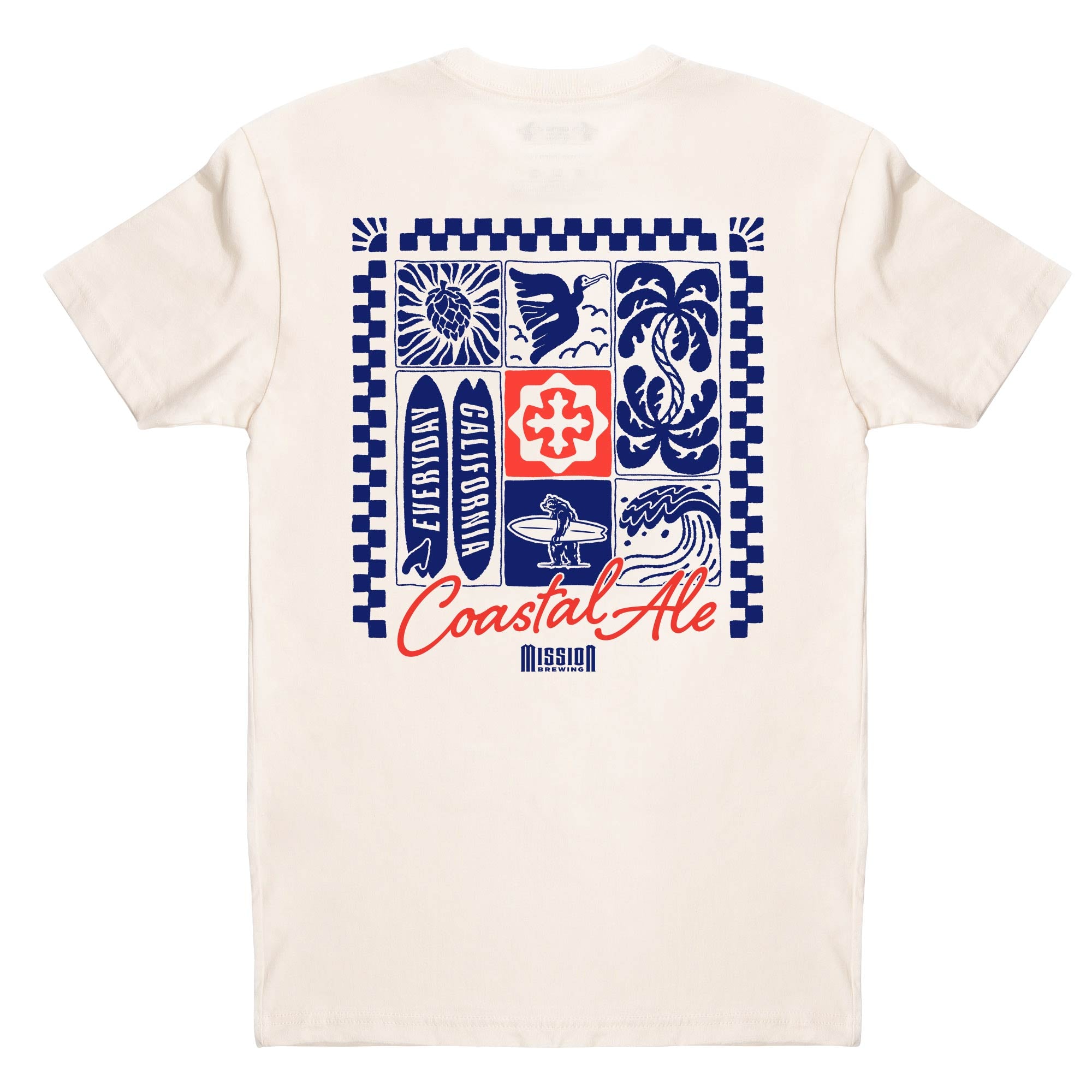 Natural t-shirt with coastal blue and red graphics on the back