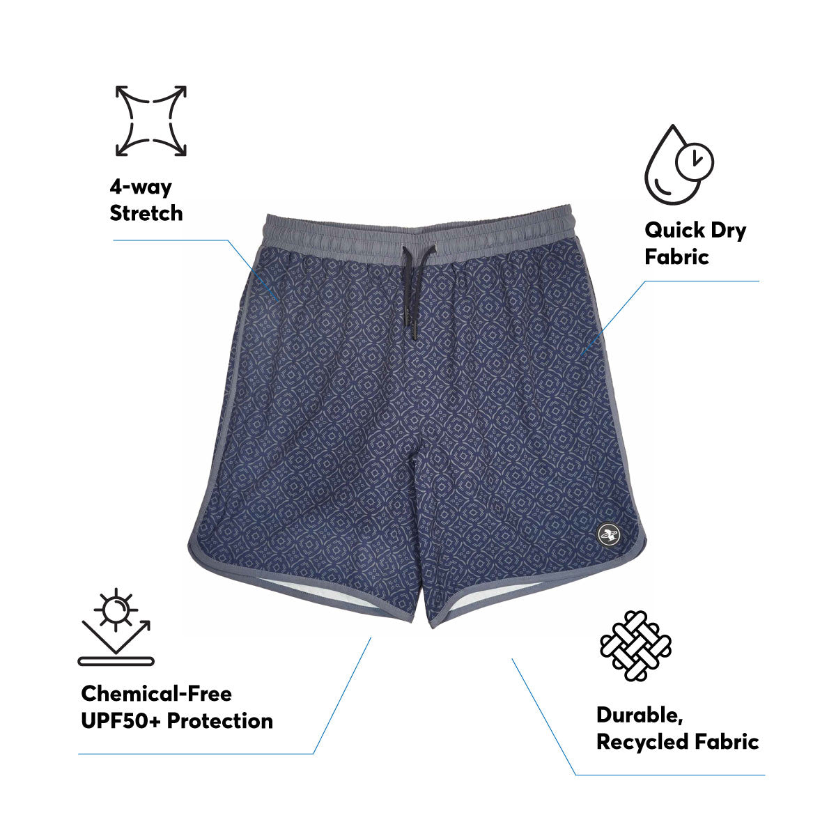 Everyday California navy blue patterned boardshorts with features highlighted on a white background