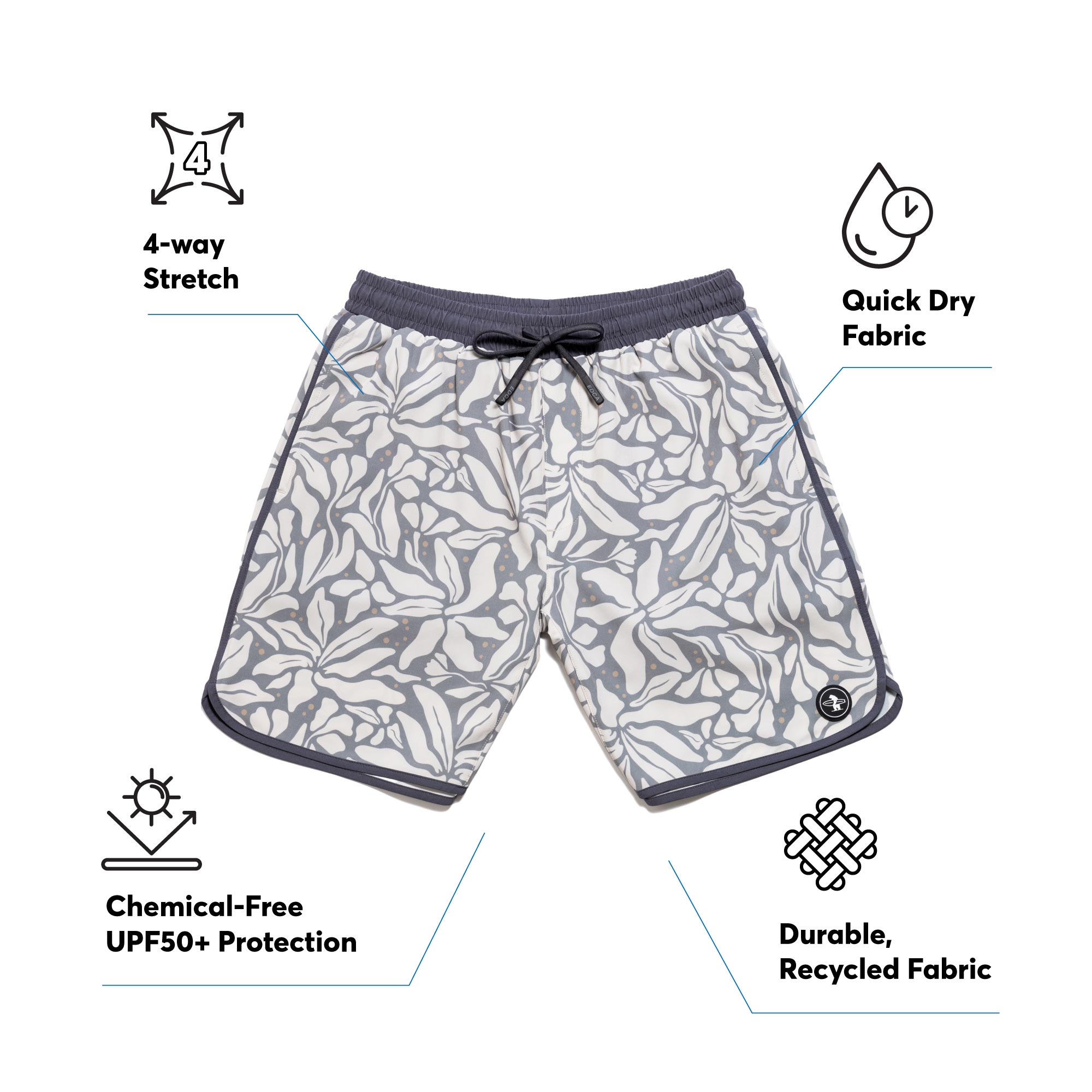 Everyday California korine patterned boardshorts with features highlighted on a white background