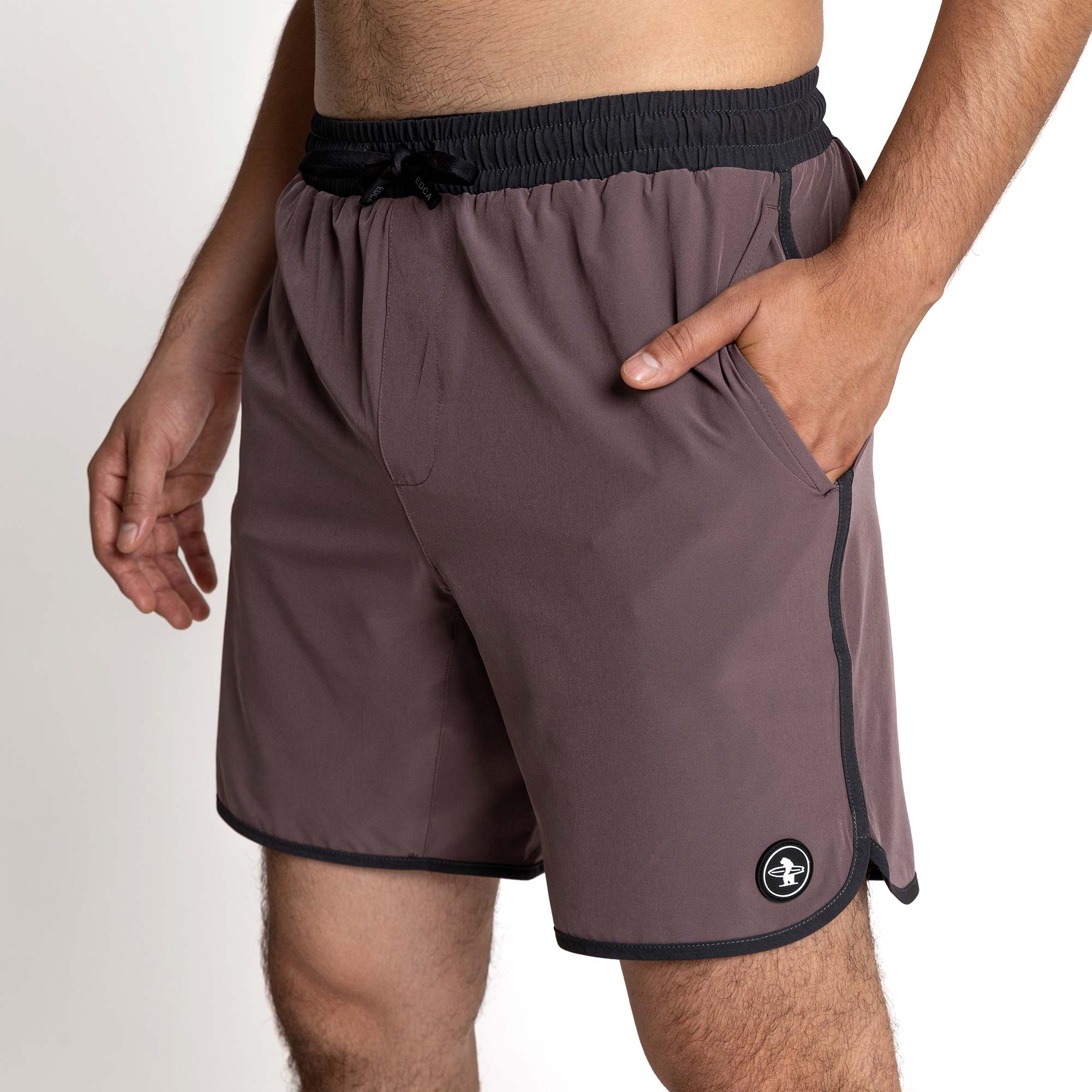 Close-up of Everyday Recycled Boardshorts in Sparrow brown with black trim and elastic waistband