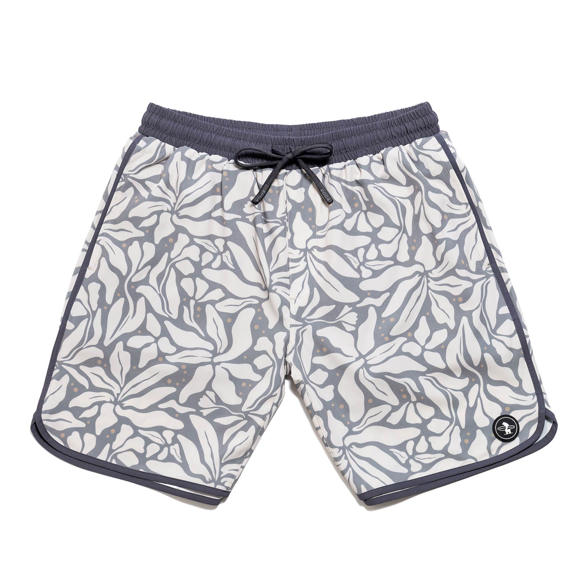 Everyday California boardshorts with leaf pattern and dark gray trim on a white background
