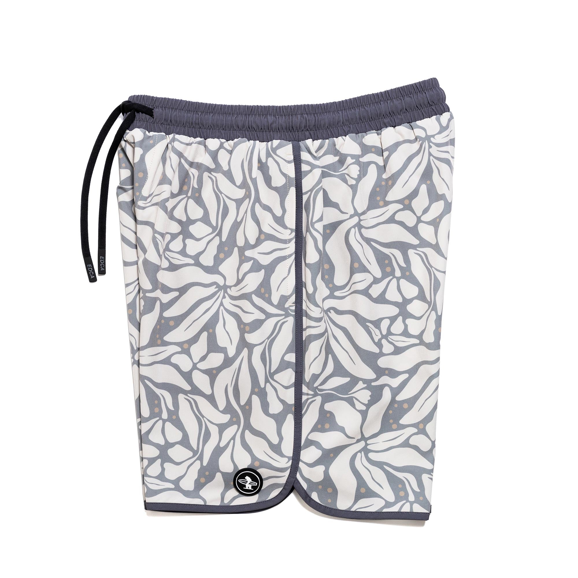 Everyday California boardshorts with leaf pattern and dark gray trim on a white background