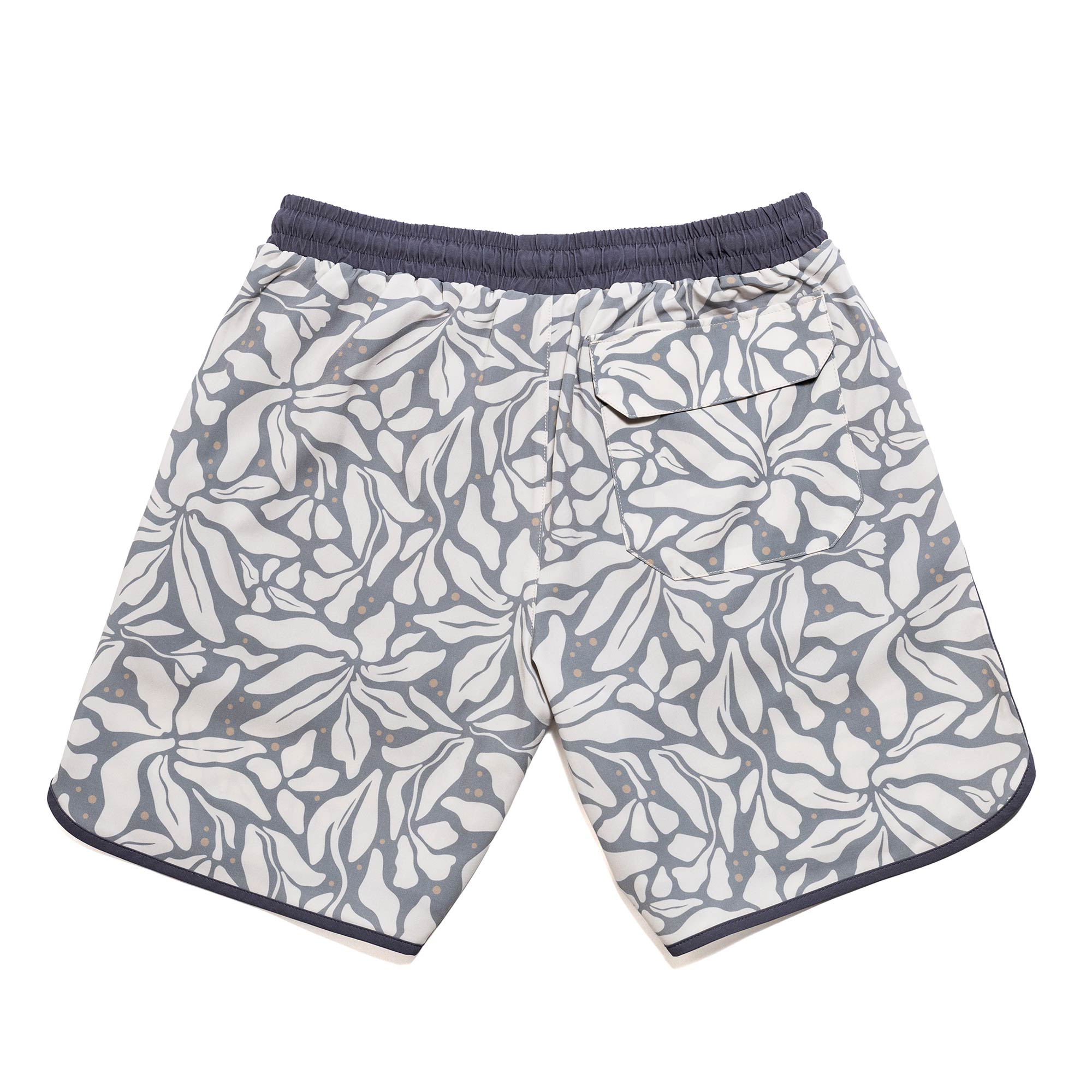 Everyday California boardshorts with leaf pattern and dark gray trim on a white background
