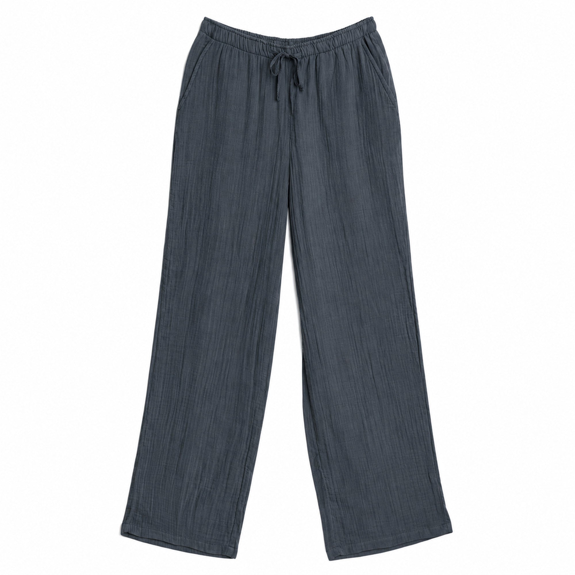 Dark gray pants with a drawstring on a white background