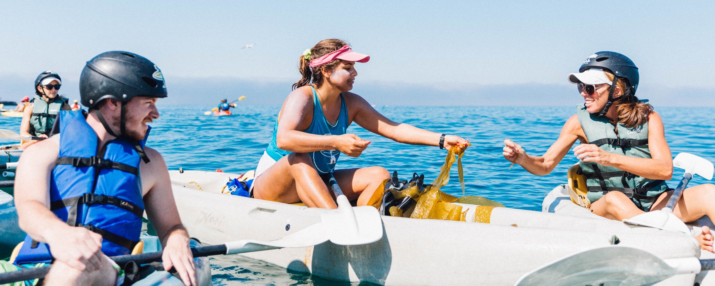 A group of 3 kayakers on a kayak tour with Everyday California in the ocean at La Jolla Ecological Reserve, obersving a piece of kelp