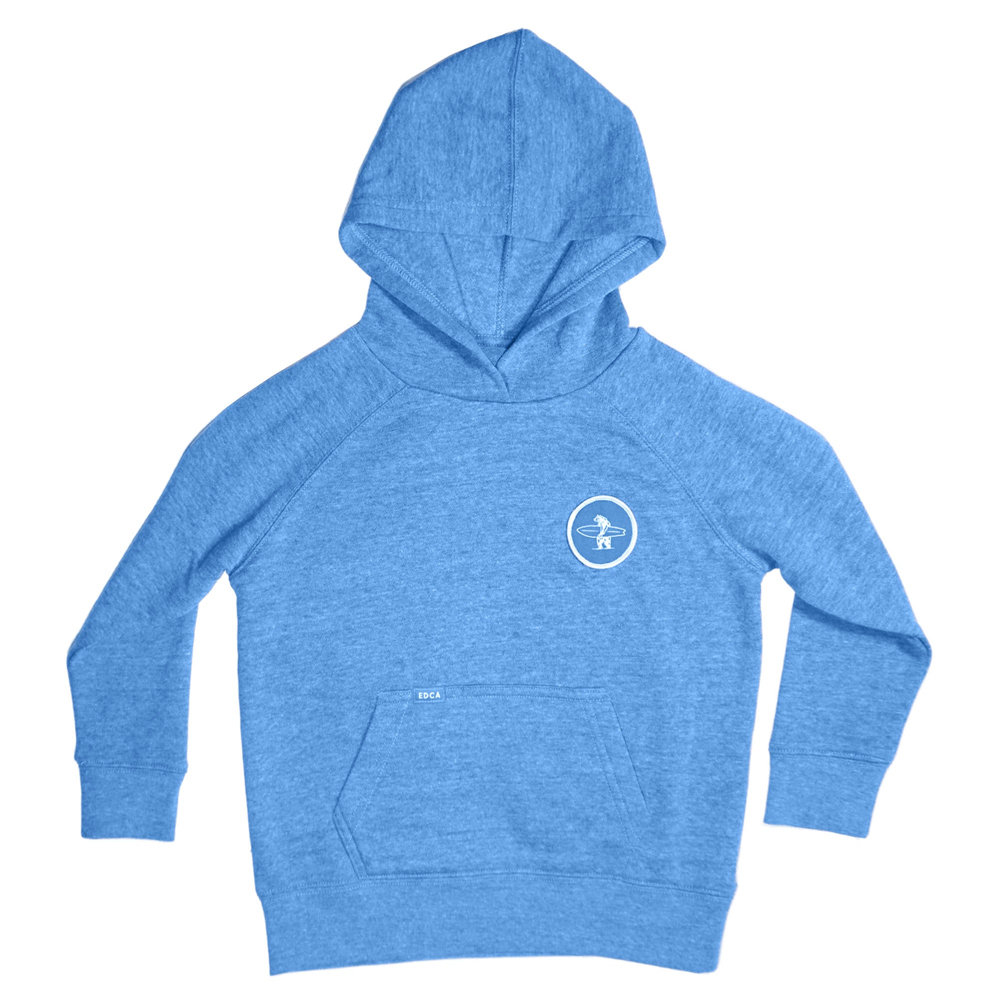 Blue hoodie with a small white logo on a white background