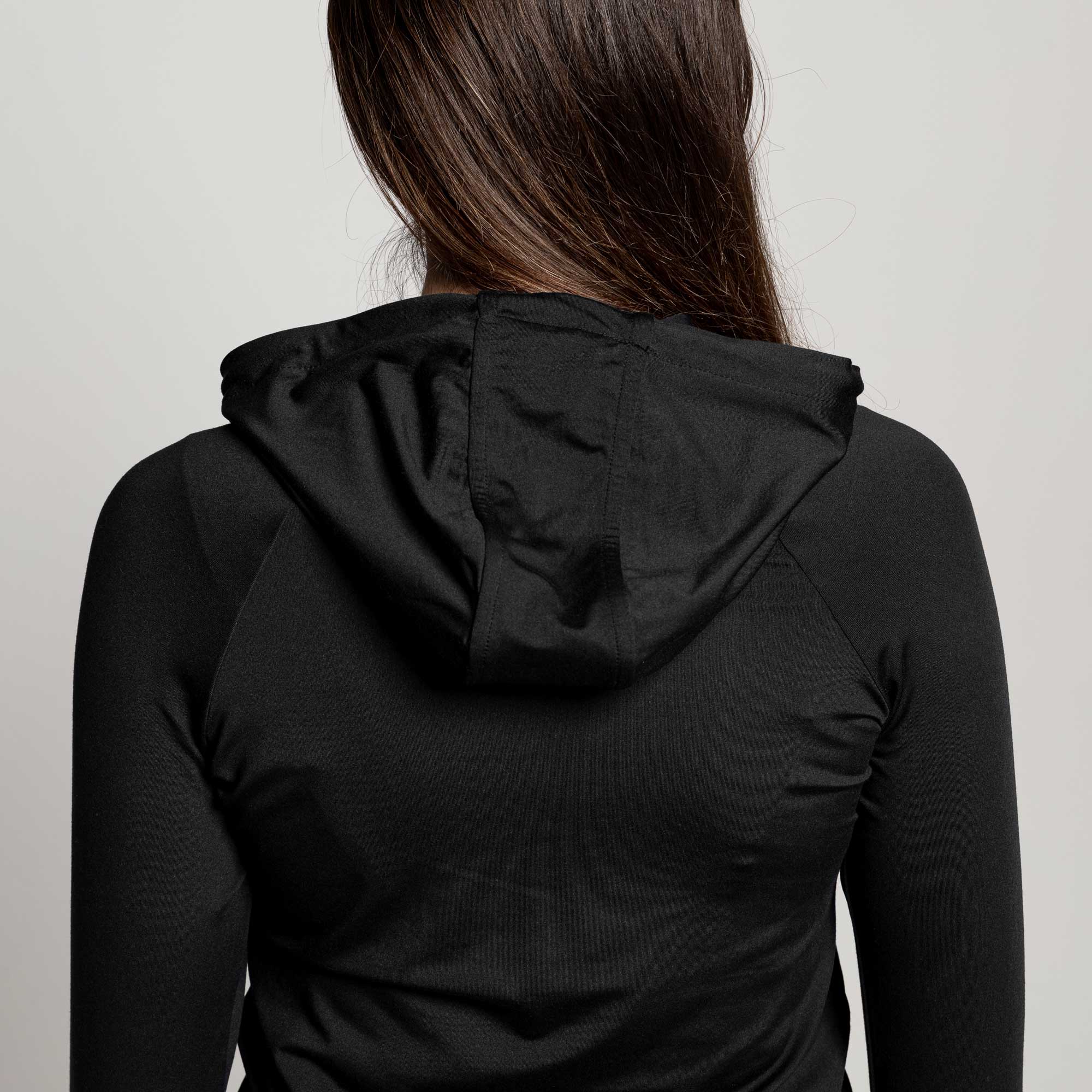 Close up of black sand resistant hoodie back