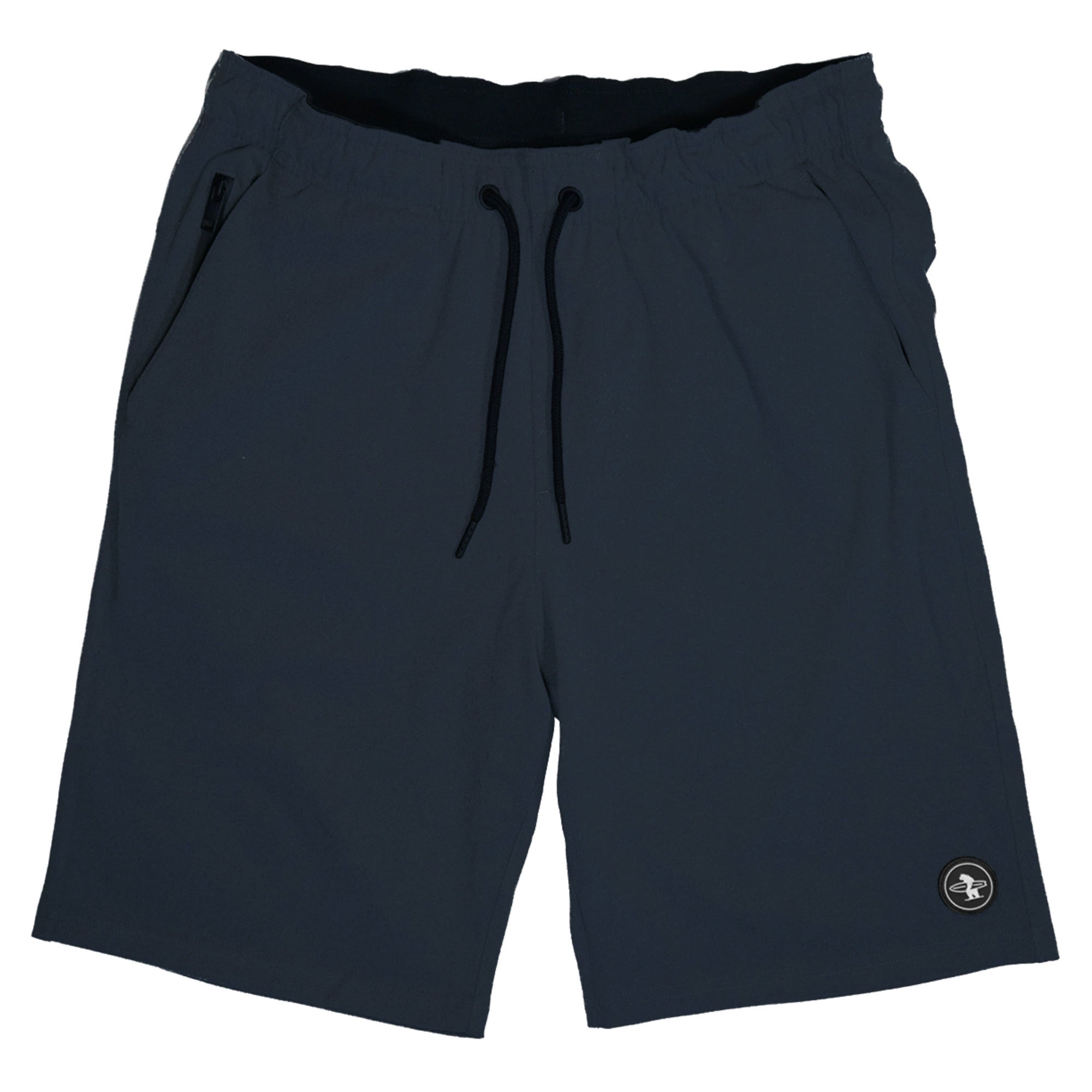 Navy blue shorts with a drawstring on a white background