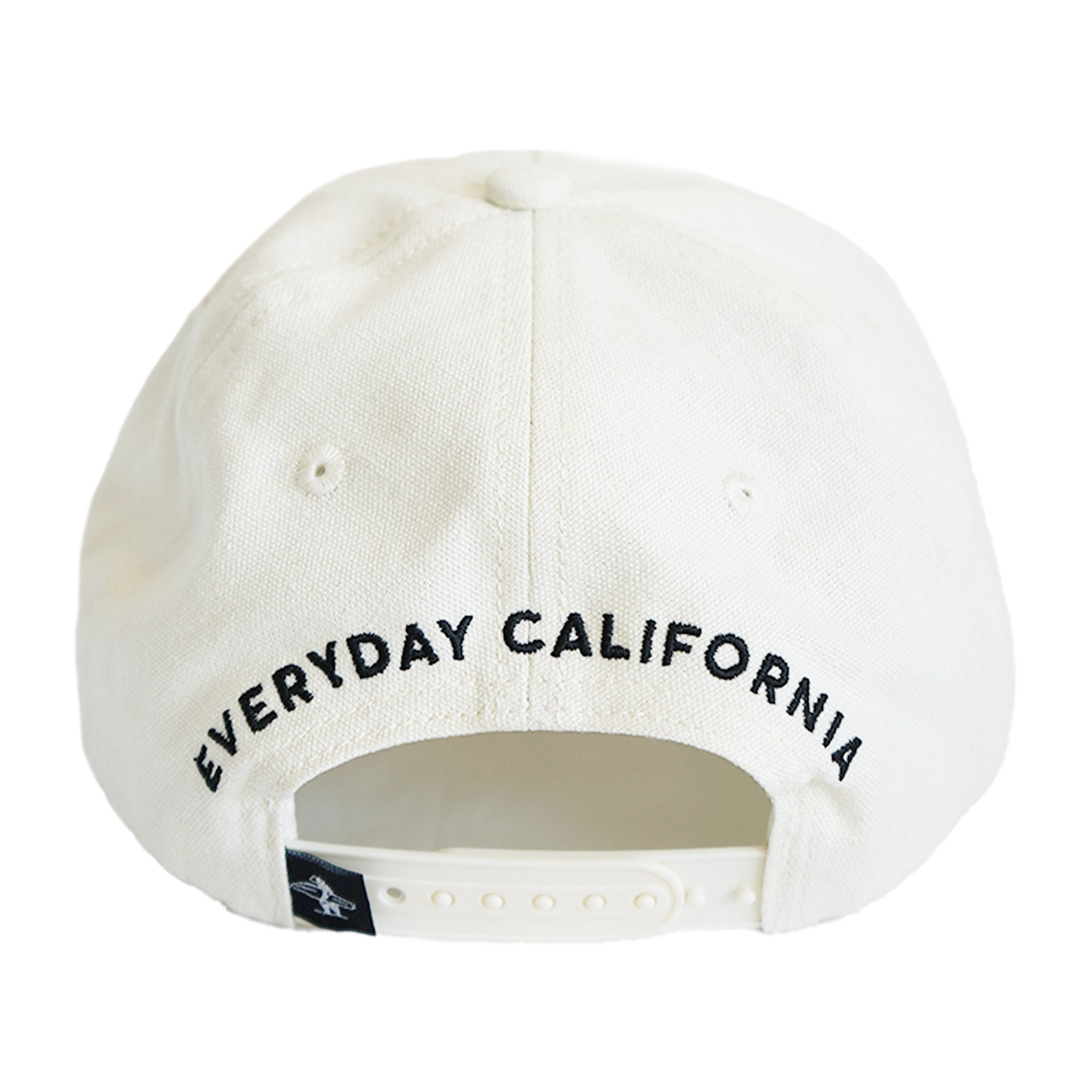 Back of cream snapback with "Everyday California" arched embroidery and snapback closure