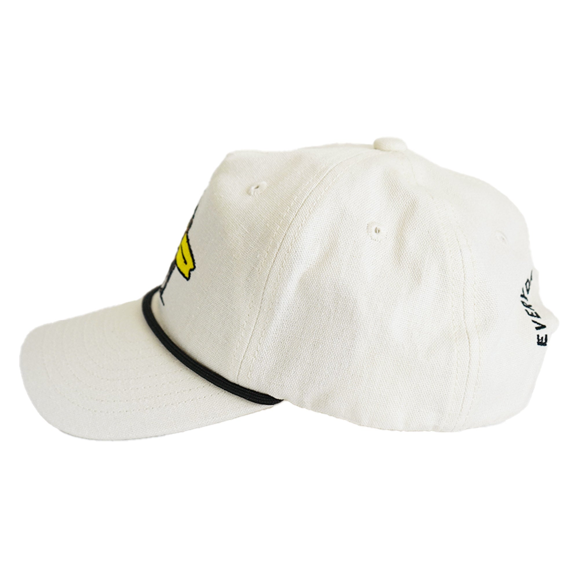 Side profile of cream canvas snapback with black rope brim detail and "Everyday California" side embroidery