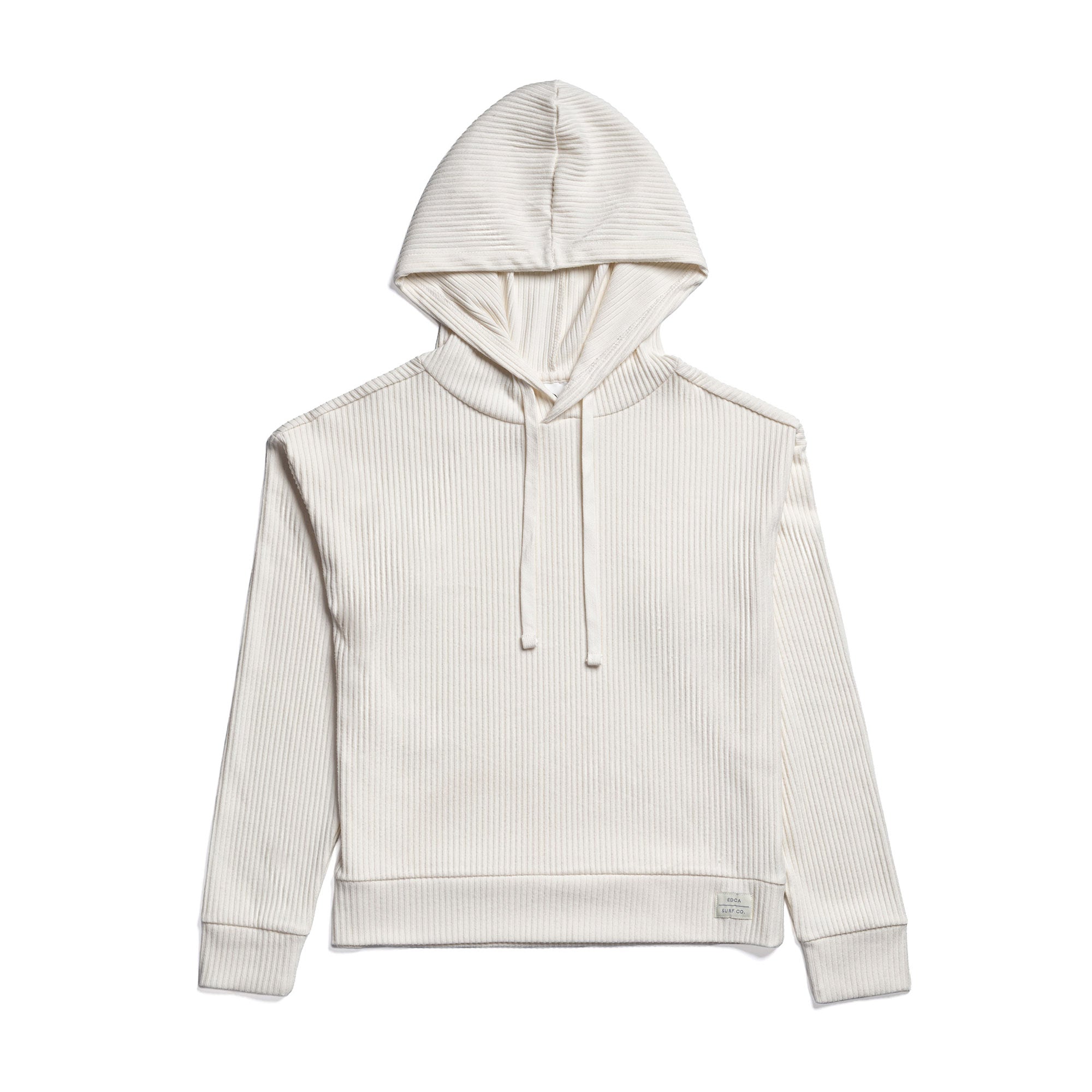 Women’s Malibu Hoodie in off-white ribbed fabric – lightweight long sleeve pullover with drawstring hood, sustainable casual loungewear