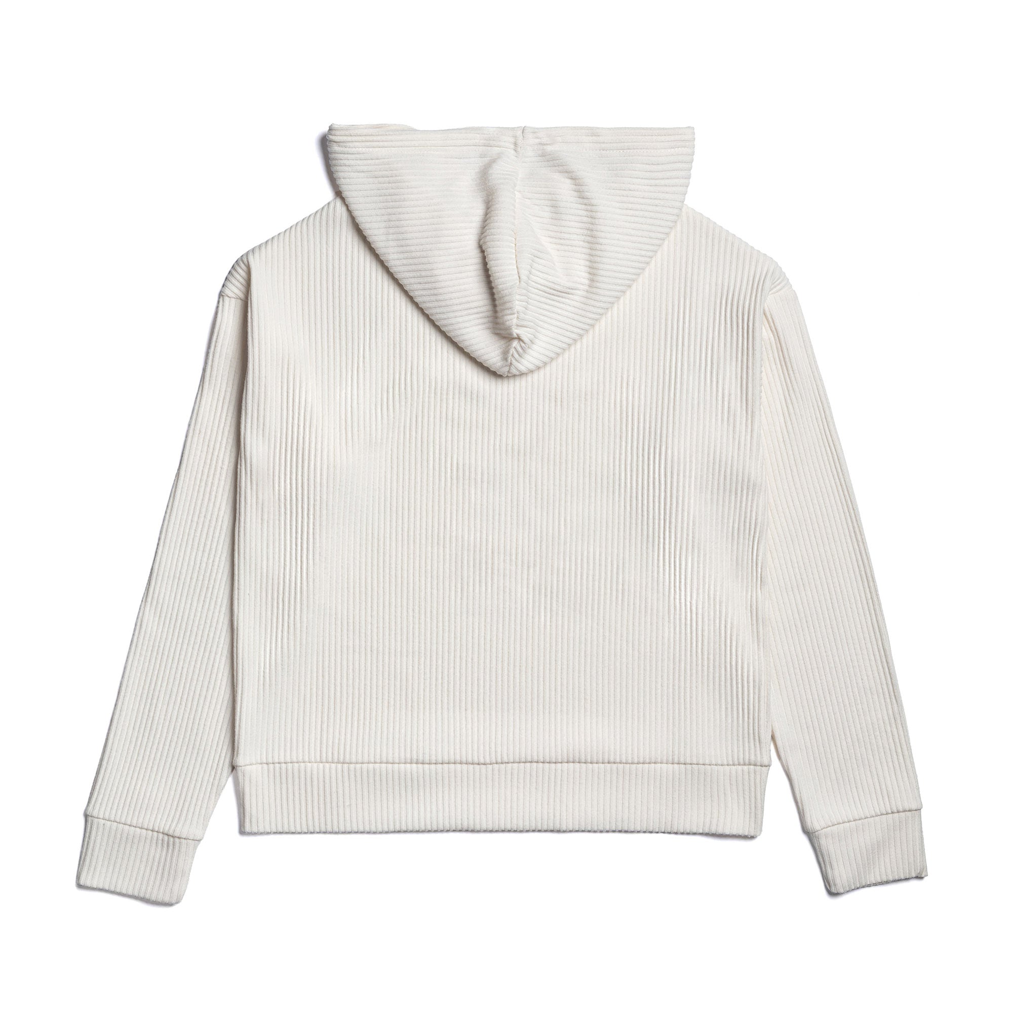 Back view of women’s Malibu Hoodie in off-white ribbed fabric – sustainable lightweight pullover with hood and long sleeves