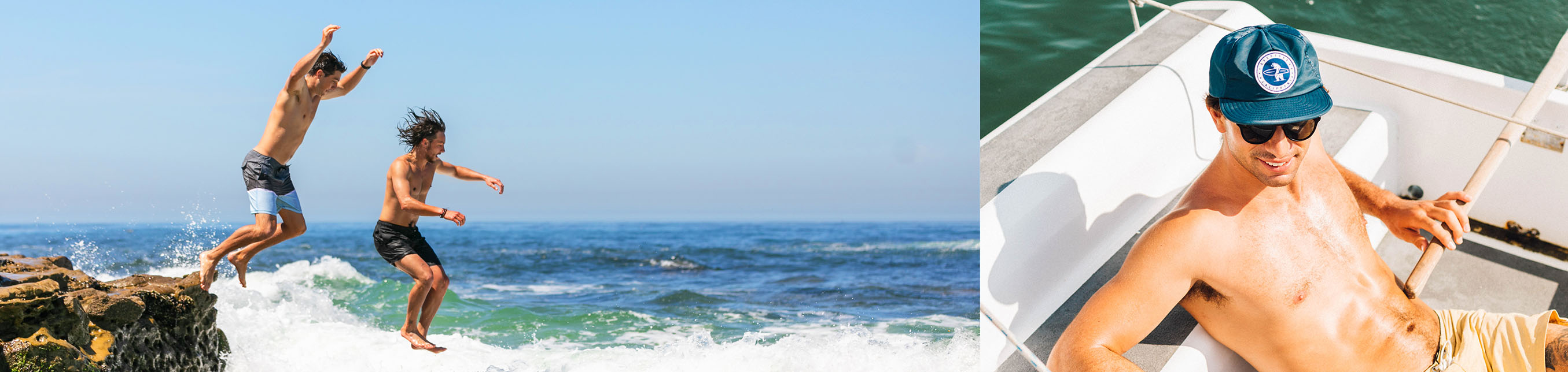 Banner image featuring two men in boardshorts jumping into the ocean on the left side, and on the right side is a man in a waterproof snapback hat lounging on a boat.