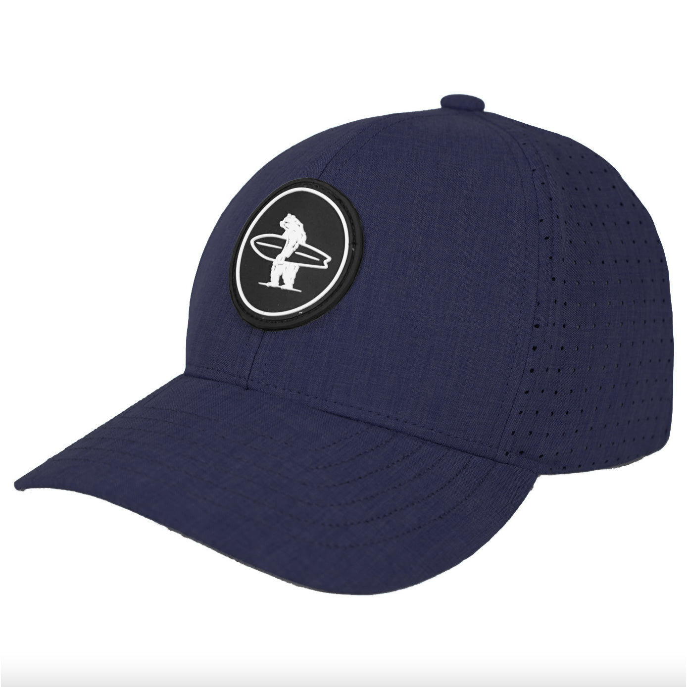 Navy colored performance snapback hat featuring a circular black rubber logo with a white bear holding a surfboard on the front of it.