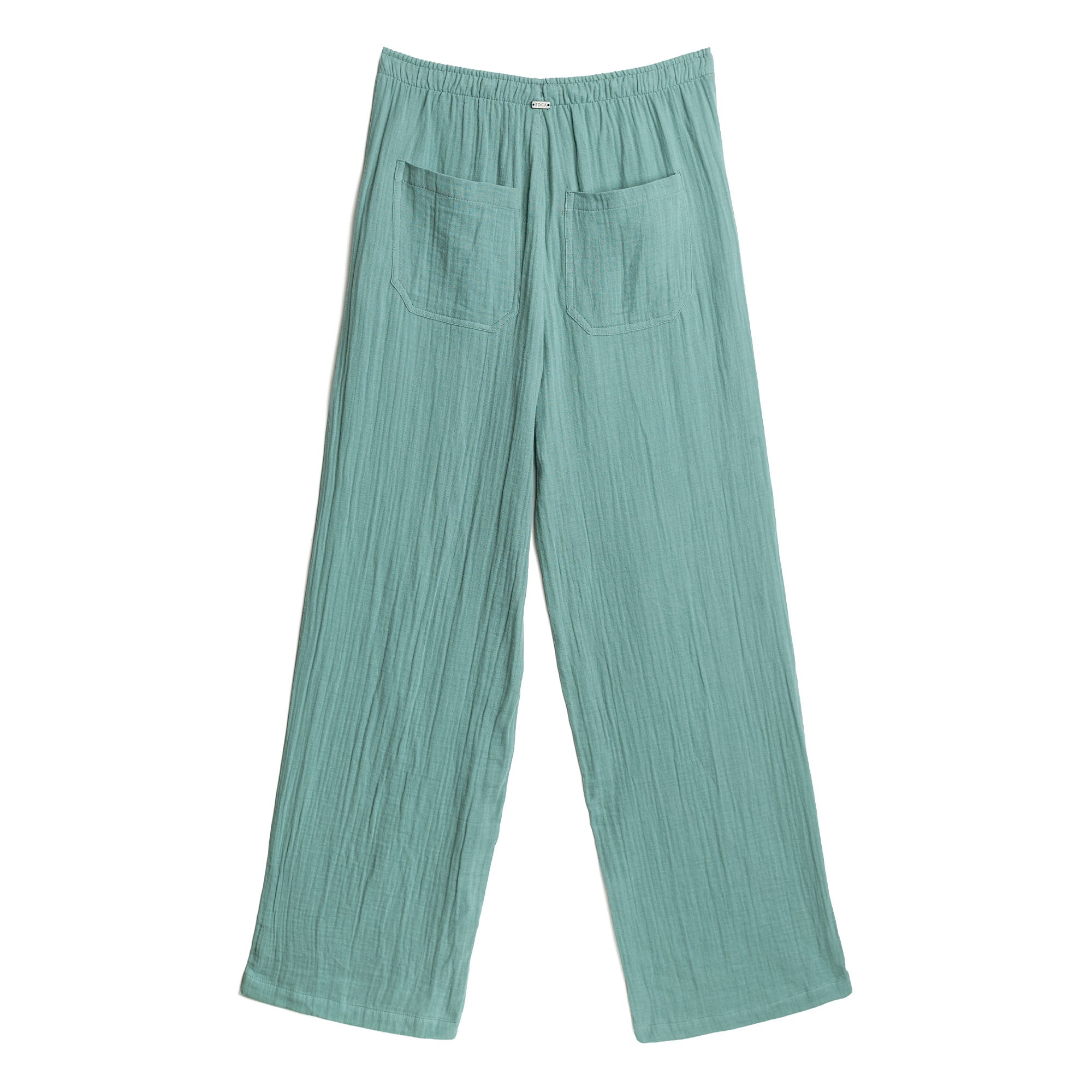 Teal pants with a subtle pattern on a white background
