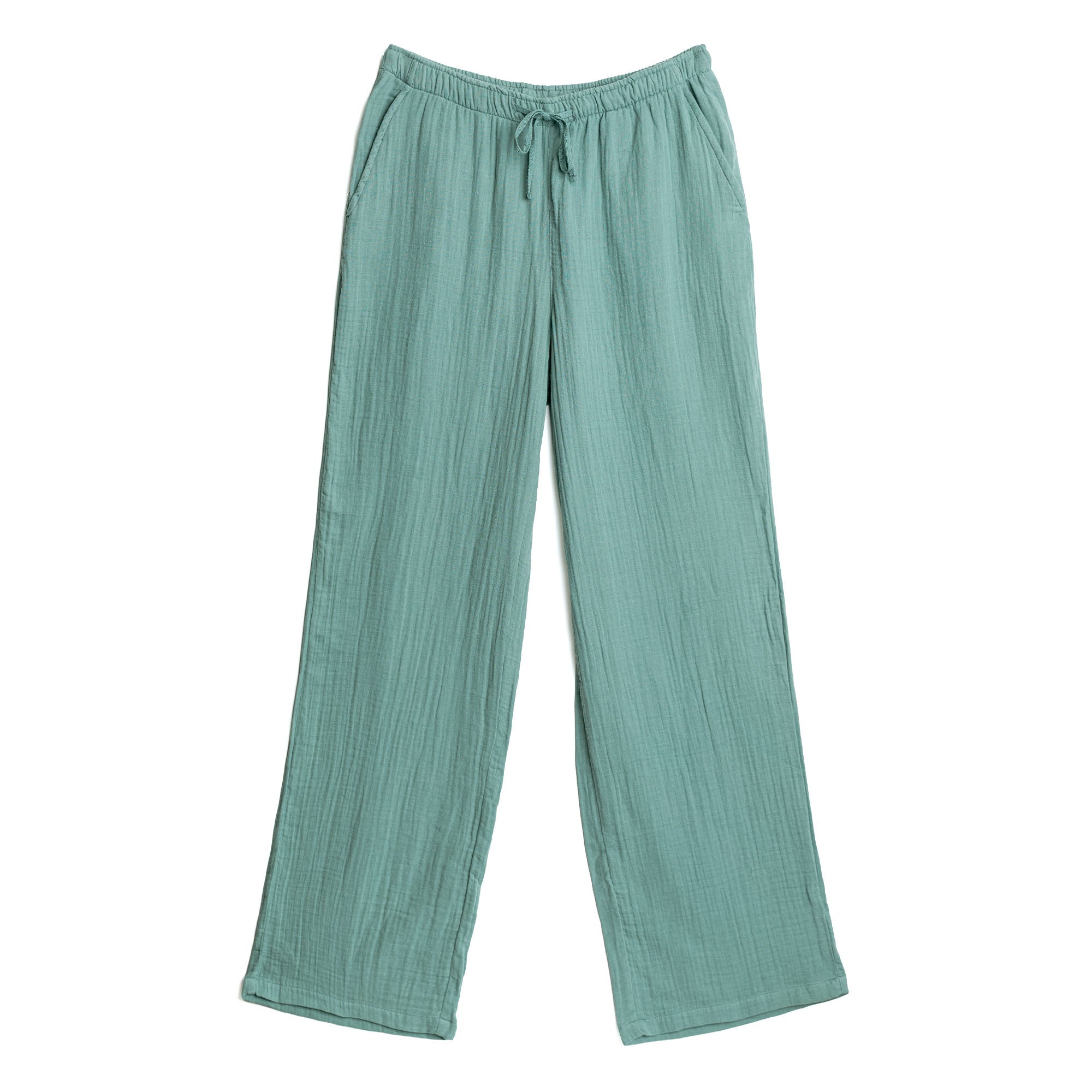 Teal pants with a drawstring on a white background