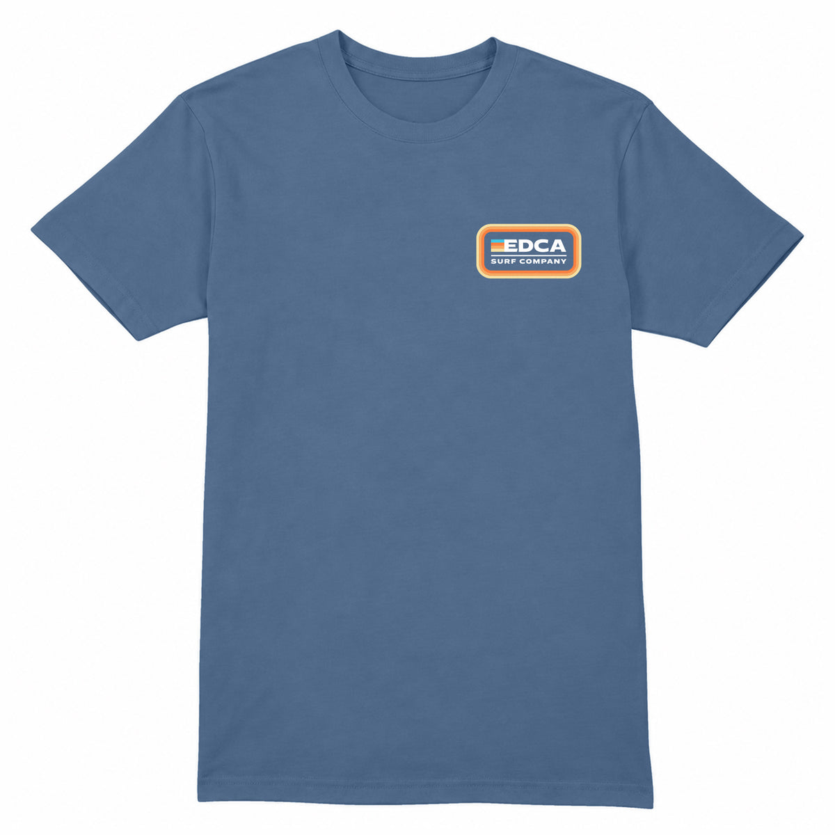 Blue shirt with a bright upper left chest graphic that reads EDCA SURF COMPANY.