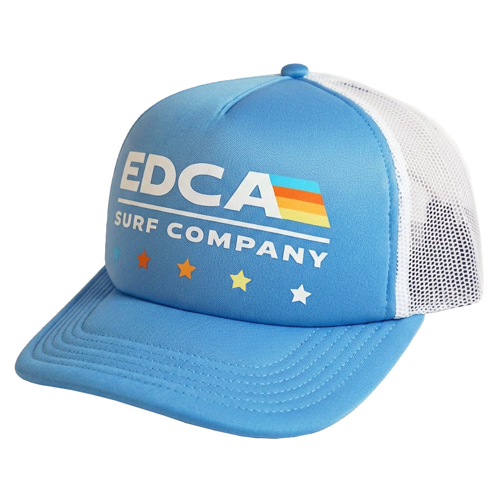 Blue cap with 'EDCA Surf Company' logo on a white background