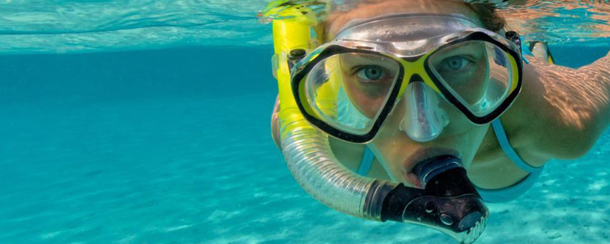 Snorkeler snorkeling close to the camera with a rented mask, snorkel, and fins from Everyday California