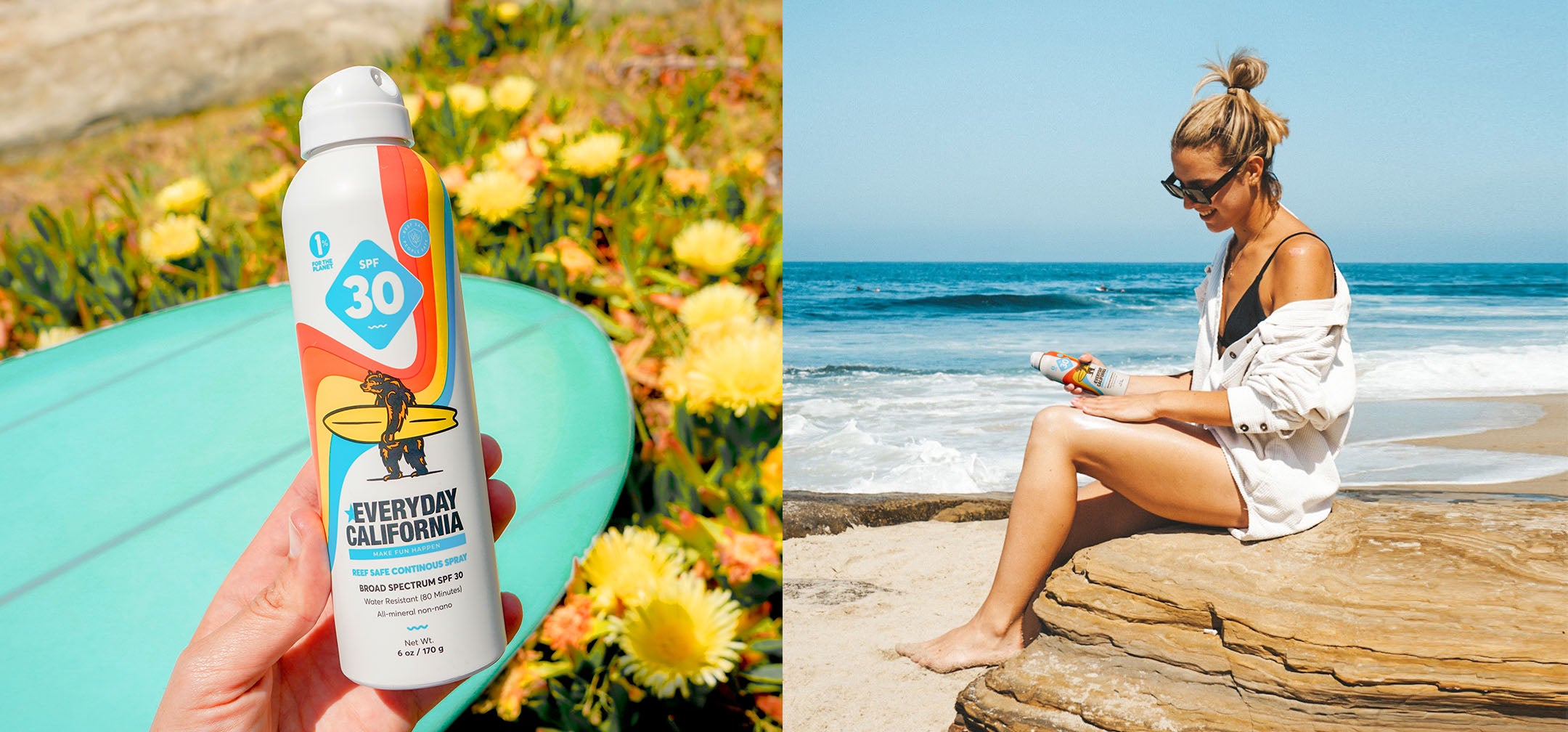 Two side by side photos. The first photo is of a person's hand holding onto a bottle of Everyday California's Reef Safe SPF 30 Spray Sunscreen, with bright yellow flowers and a blue surfboard in the background. The second photo is of a girl at the beach, sitting on a rock in front of the ocean rubbing sunscreen into her skin.