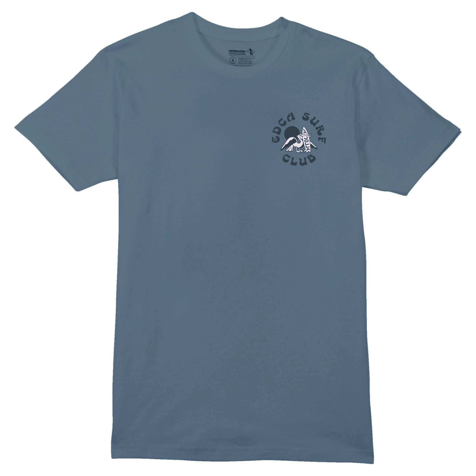 Blue t-shirt with a logo on the chest against a white background