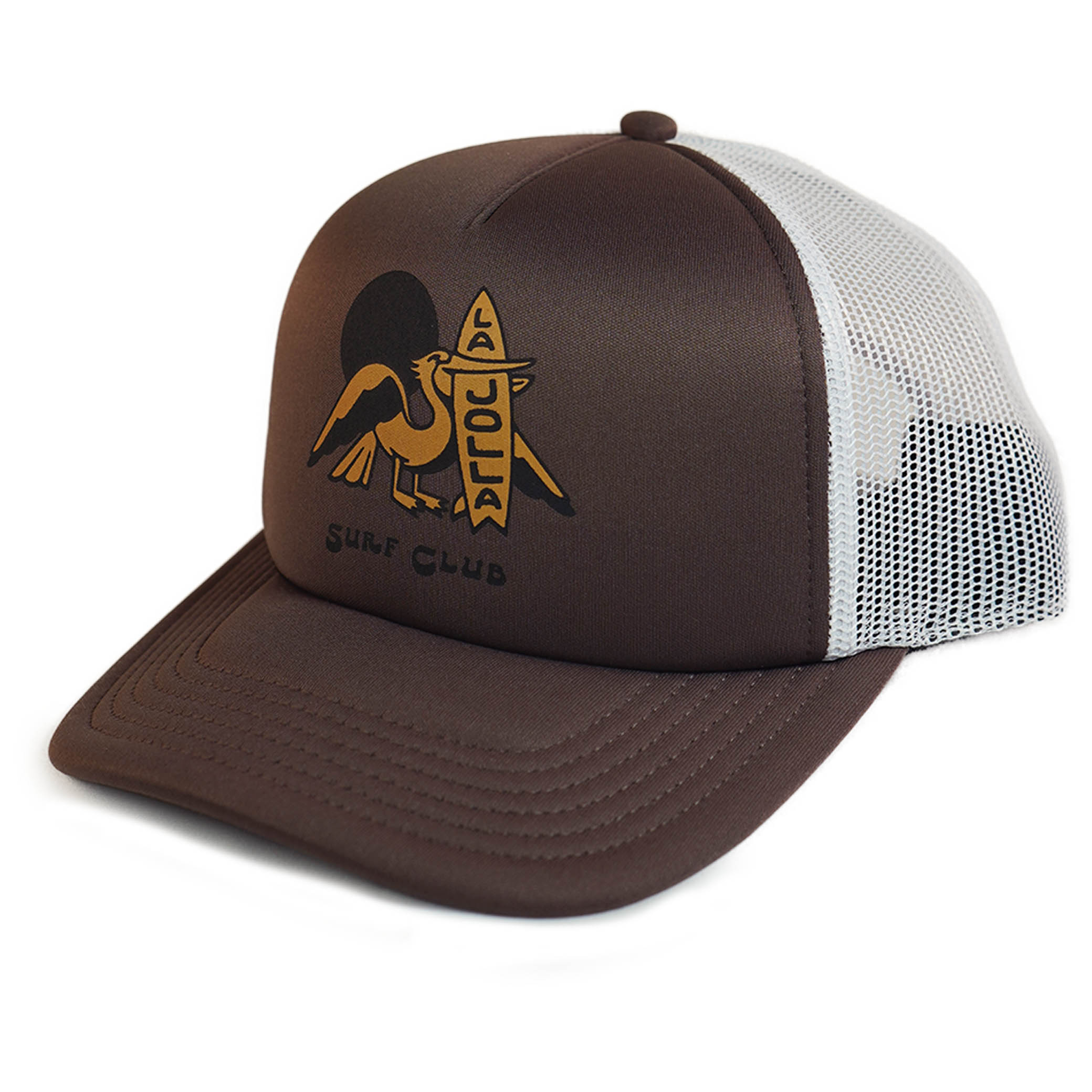 Front view of brown foam trucker snapback hat with white back panel mesh. There is a yellow pelican on the front, and the design says La Jolla.