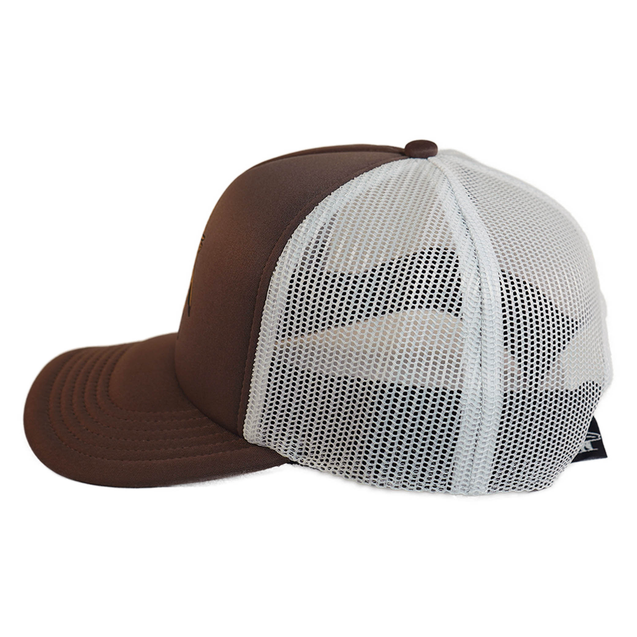Brown and white mesh cap on a white background