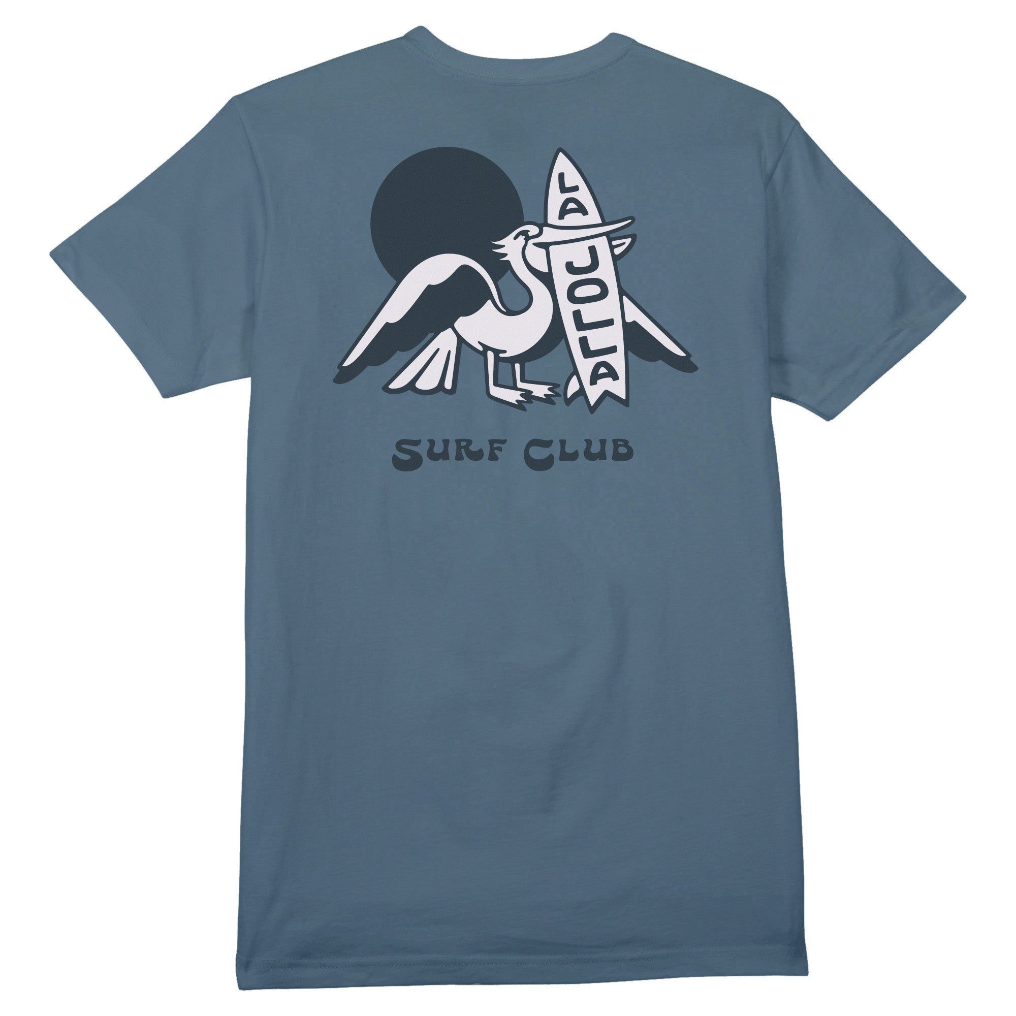 Blue t-shirt with a graphic design on the back featuring a bird and text.