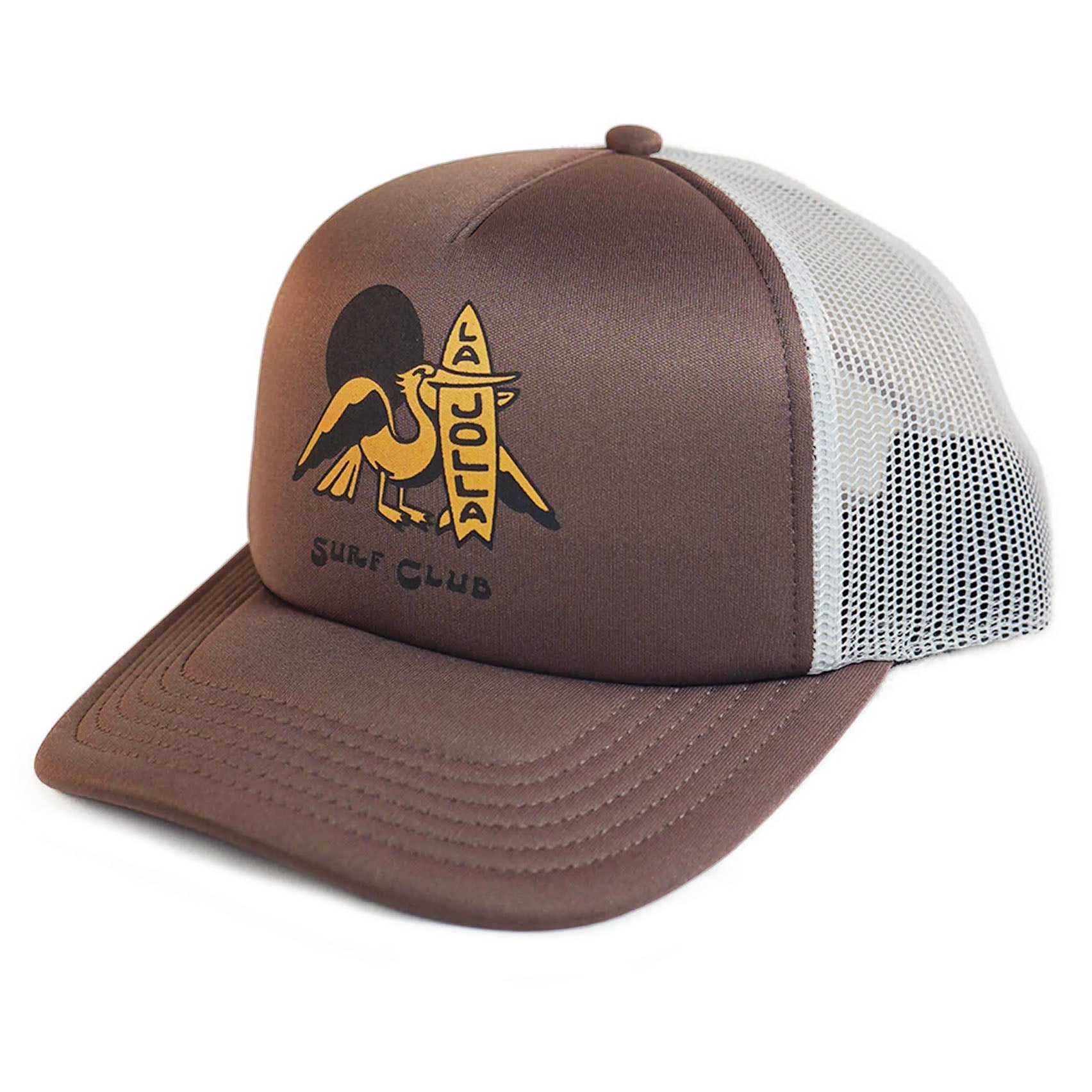 Brown and white cap with a logo on a white background