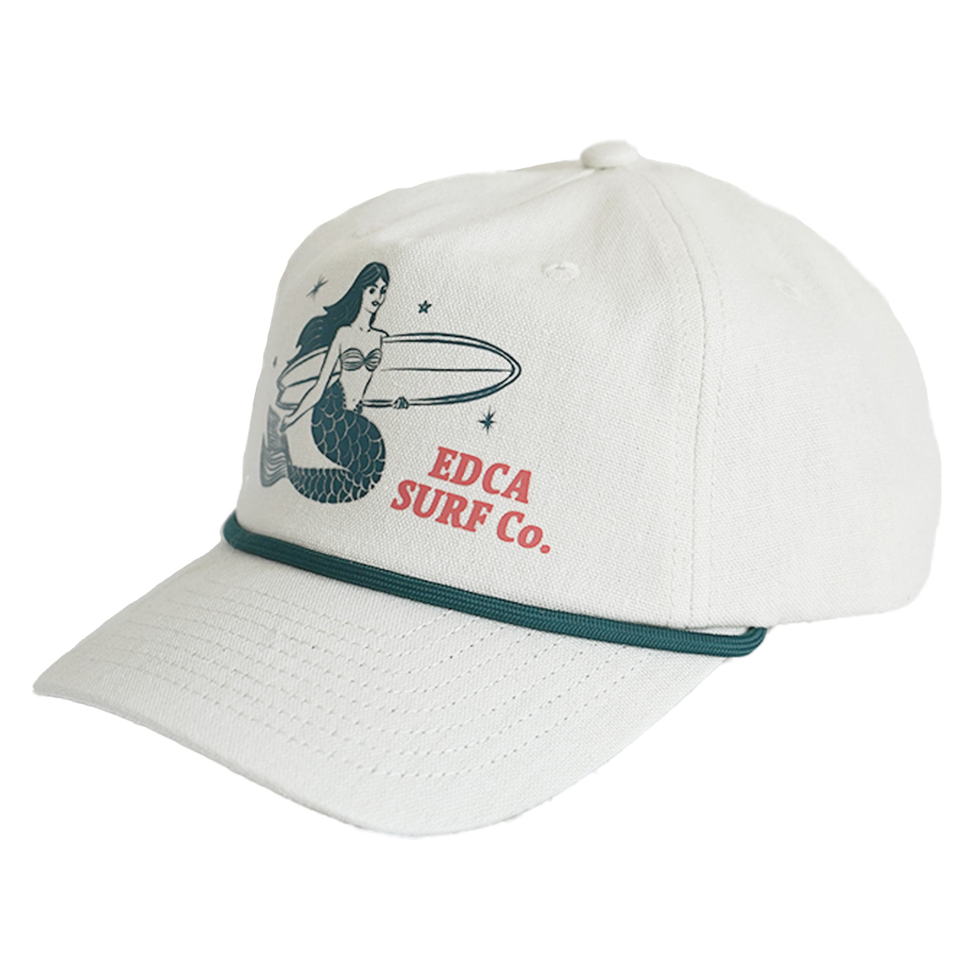 Cream canvas snapback with retro mermaid holding a surfboard and "EDCA Surf Co." graphic, teal rope brim detail