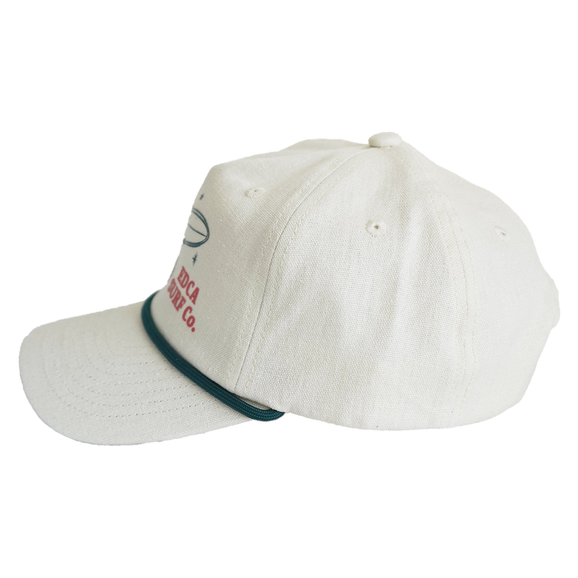 Side profile of cream canvas snapback with teal rope brim detail