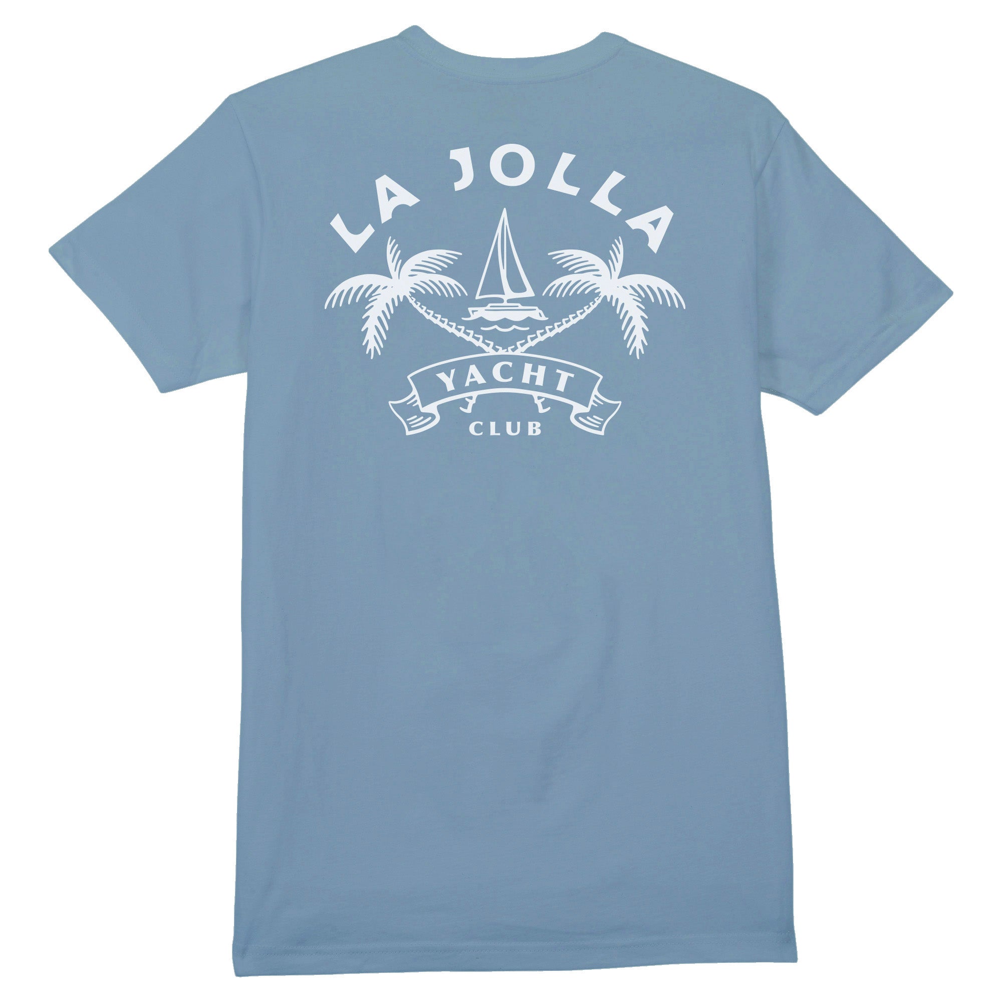 Light blue t-shirt with 'La Jolla Yacht Club' design on the back against a white background