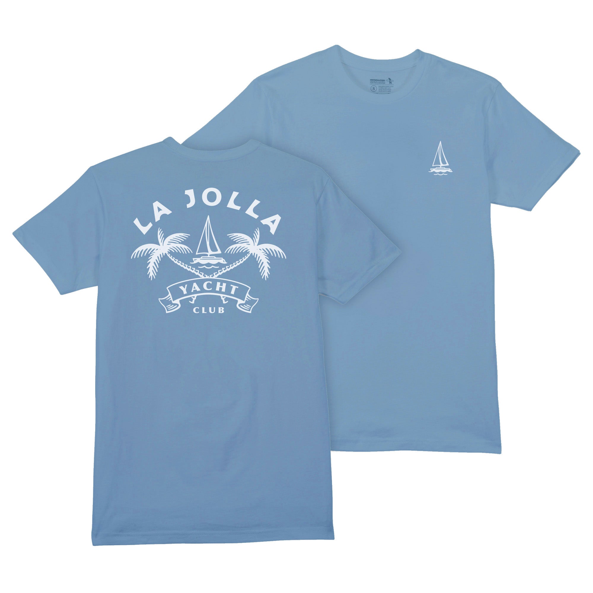 Blue t-shirt with 'La Jolla Yacht Club' design on a white background