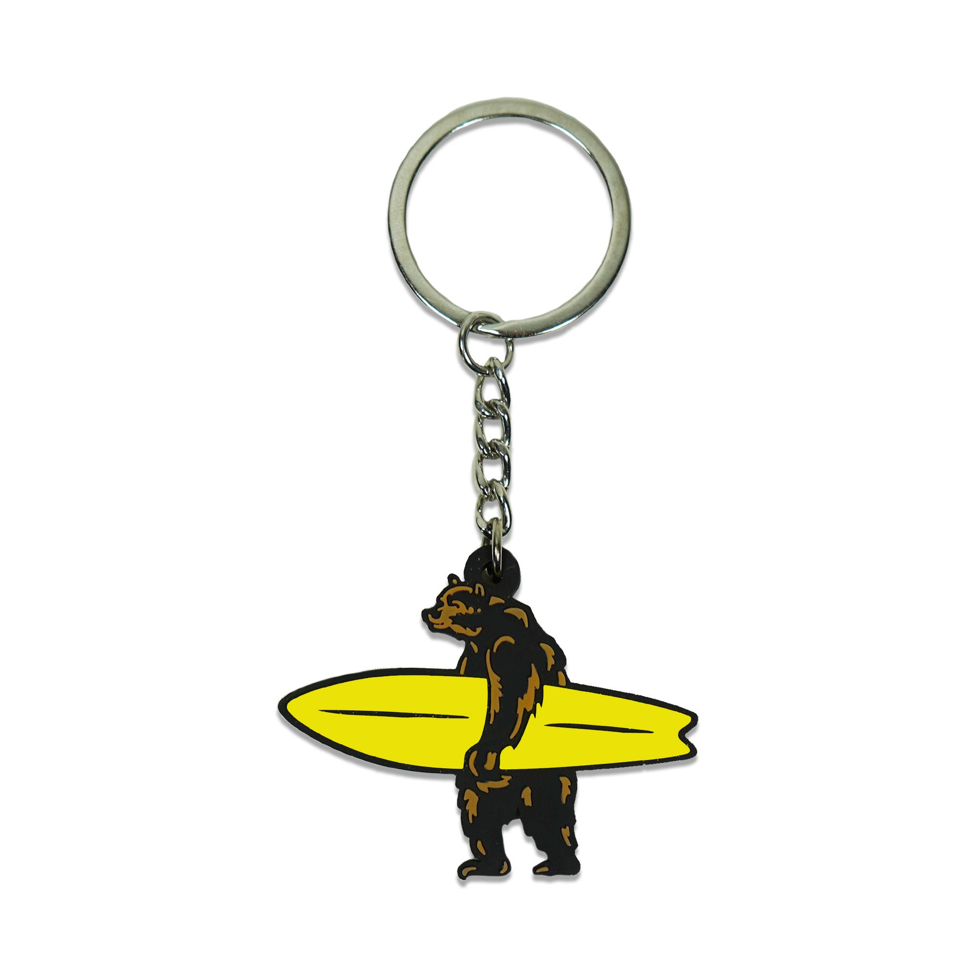 A rubberized keychain featuring a black and brown bear holding a yellow surfboard.