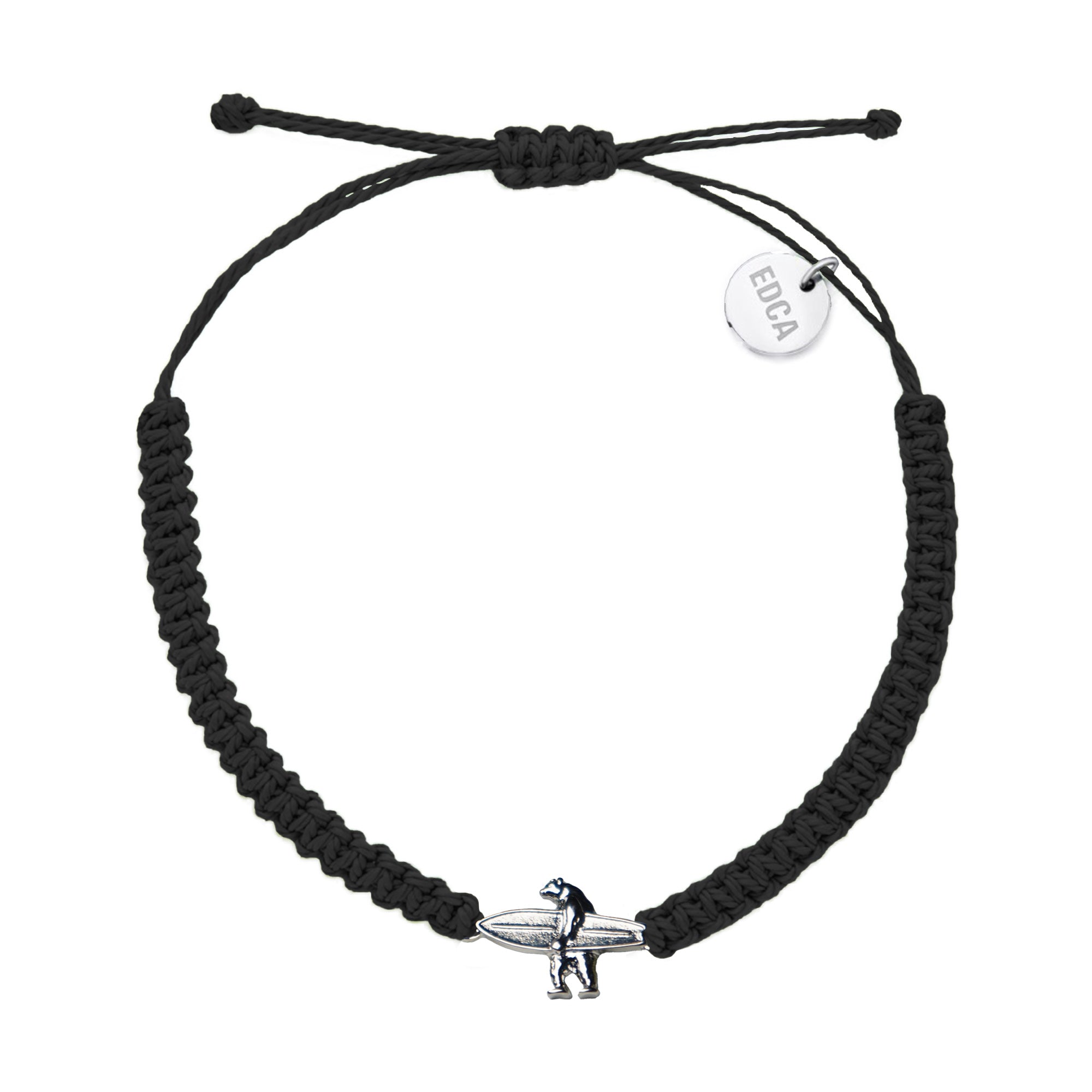 A black woven charm bracelet with a metal bear charm and the brand tag 'EDCA'.