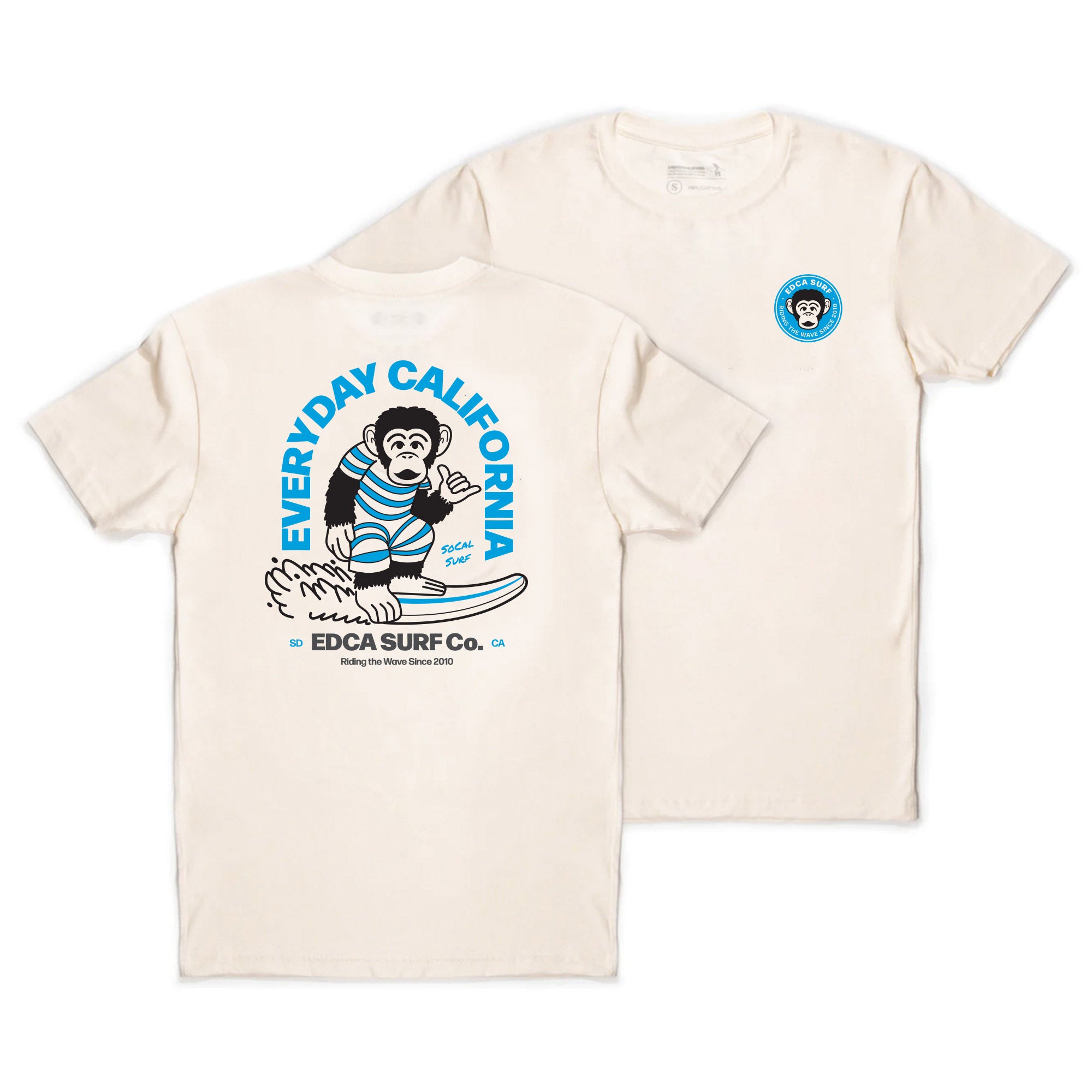 Front and Back of tan Everyday California shirt with a monkey doing the hang loose sign