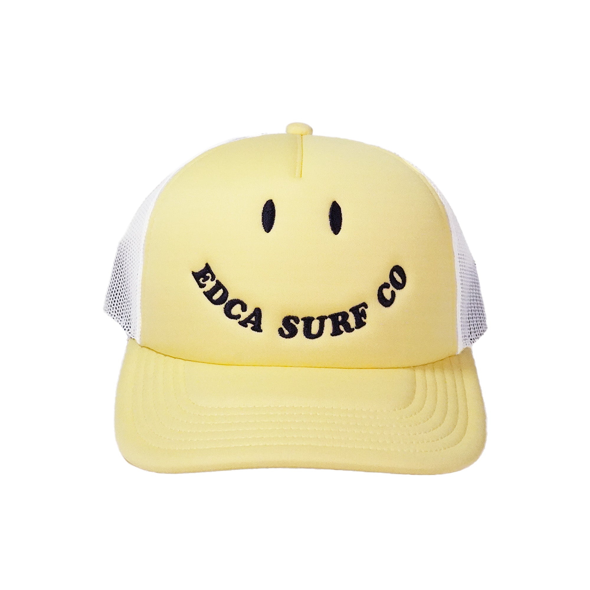 Yellow cap with white mesh back and black text on a white background